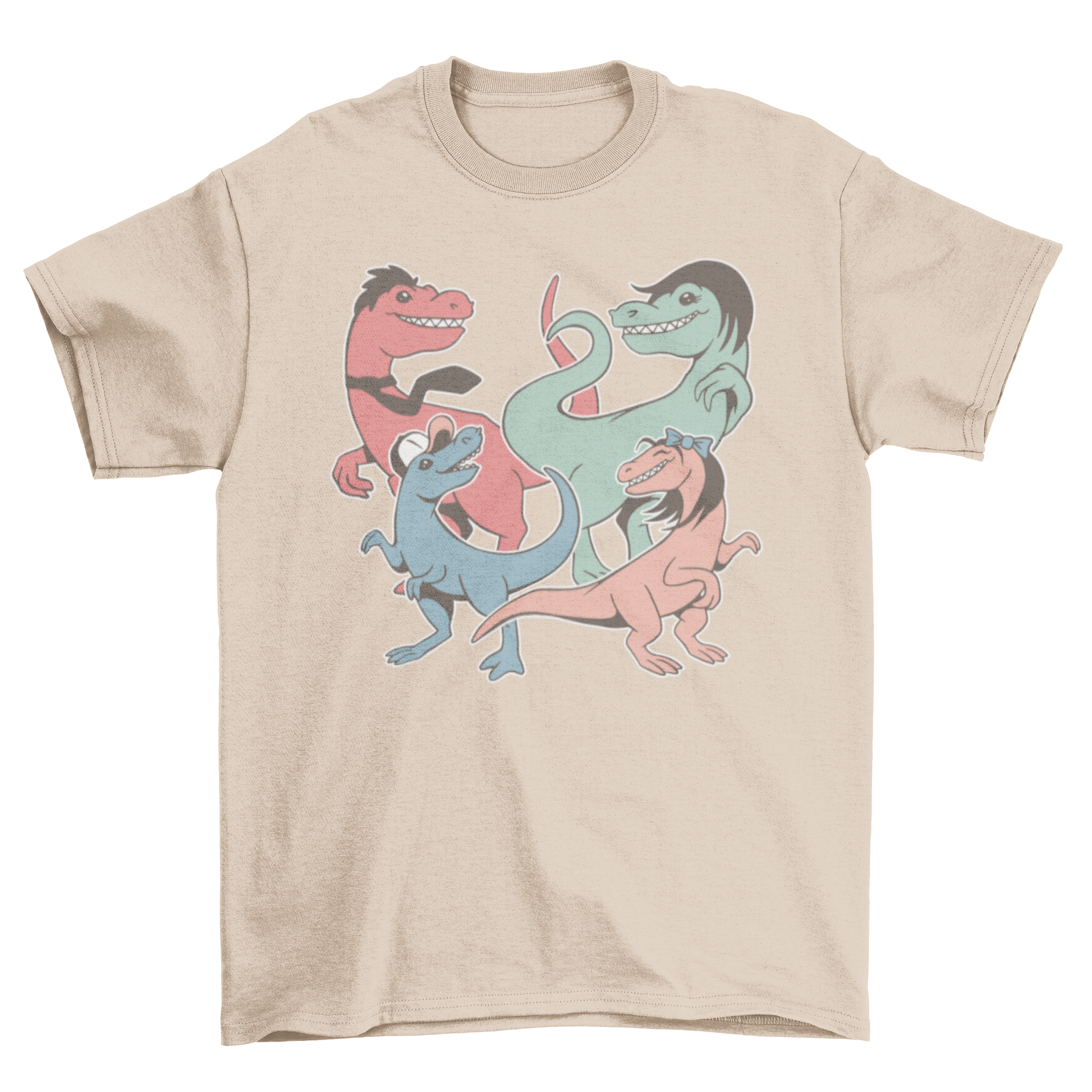 A colorful T-shirt featuring a playful family of dinosaurs in a fun design.