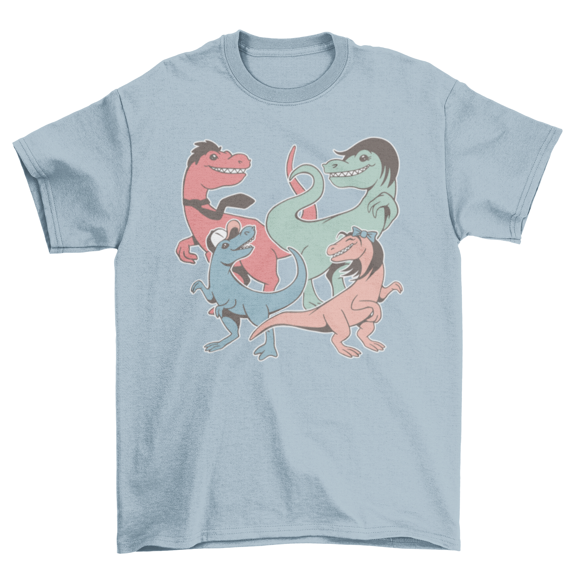 A colorful T-shirt featuring a playful family of dinosaurs in a fun design.