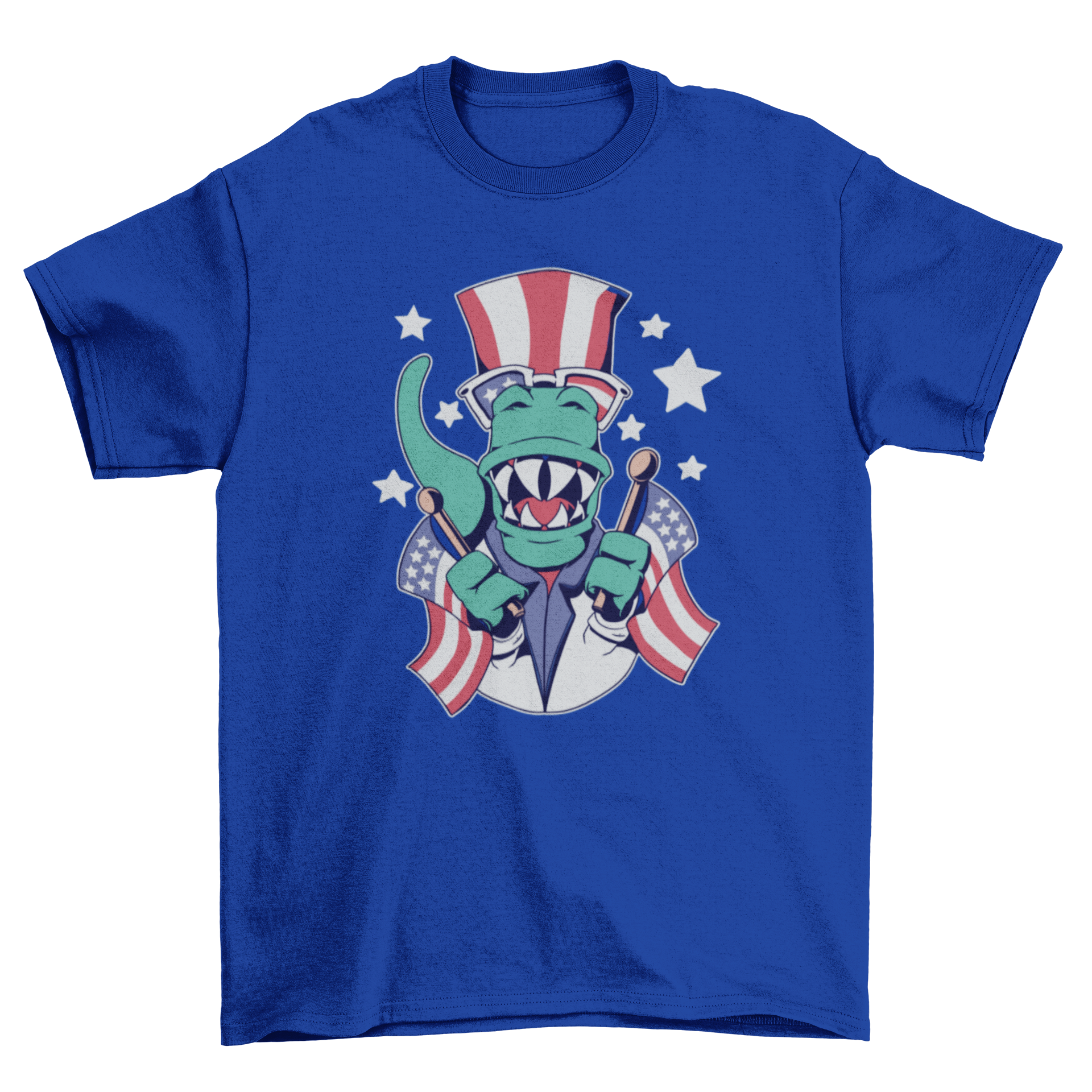 A vibrant t-shirt featuring a dinosaur with American flags, perfect for Fourth of July celebrations.