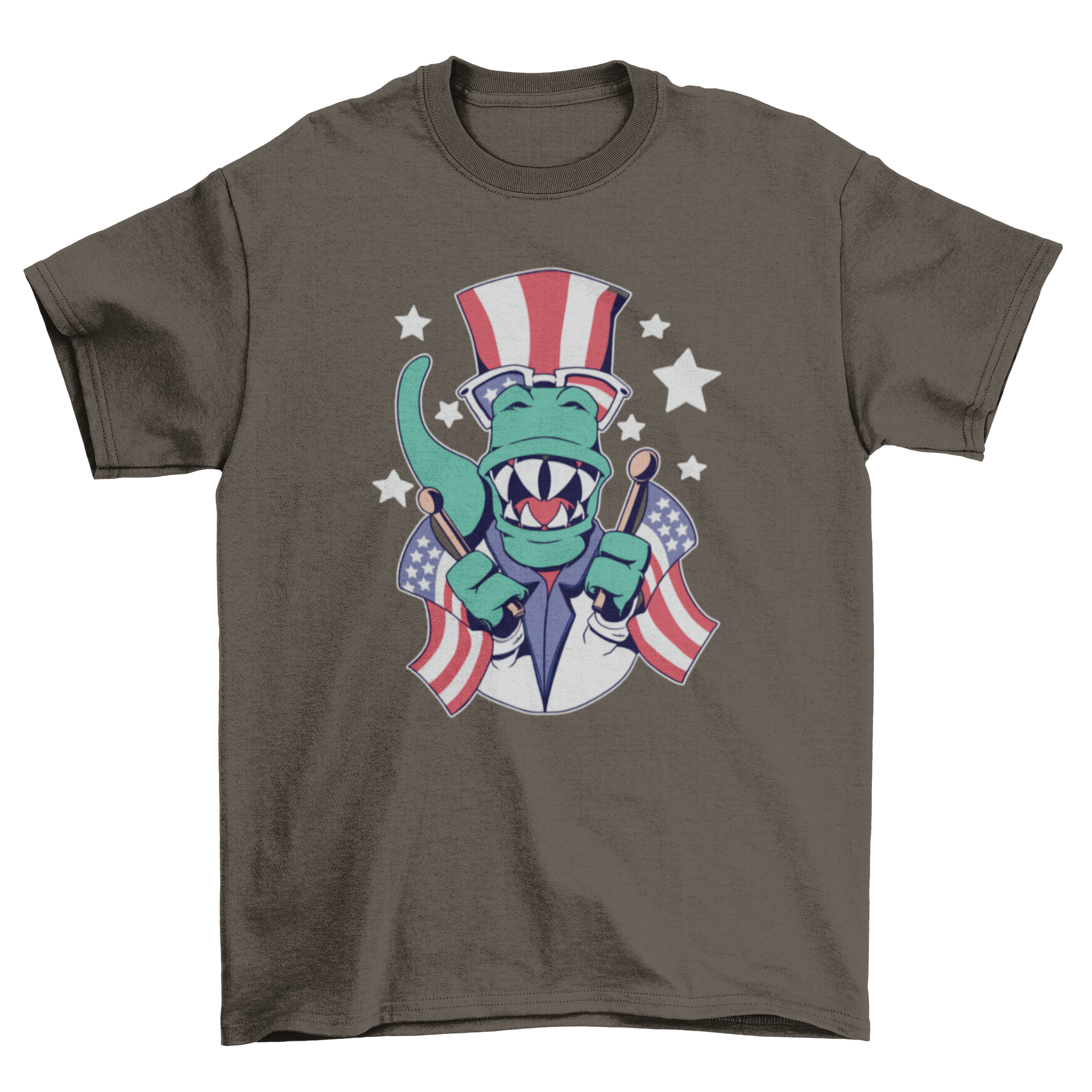 A vibrant t-shirt featuring a dinosaur with American flags, perfect for Fourth of July celebrations.