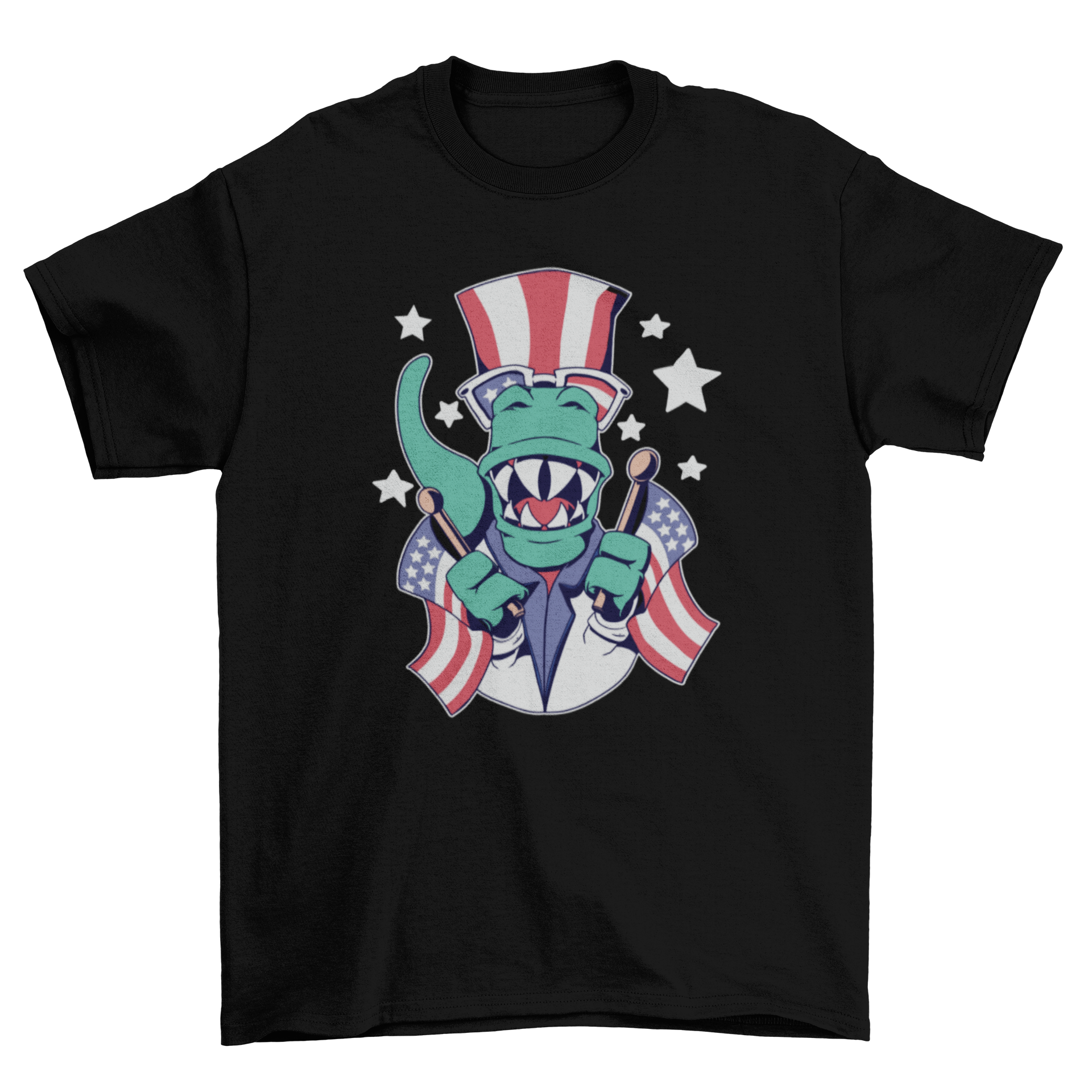 A vibrant t-shirt featuring a dinosaur with American flags, perfect for Fourth of July celebrations.