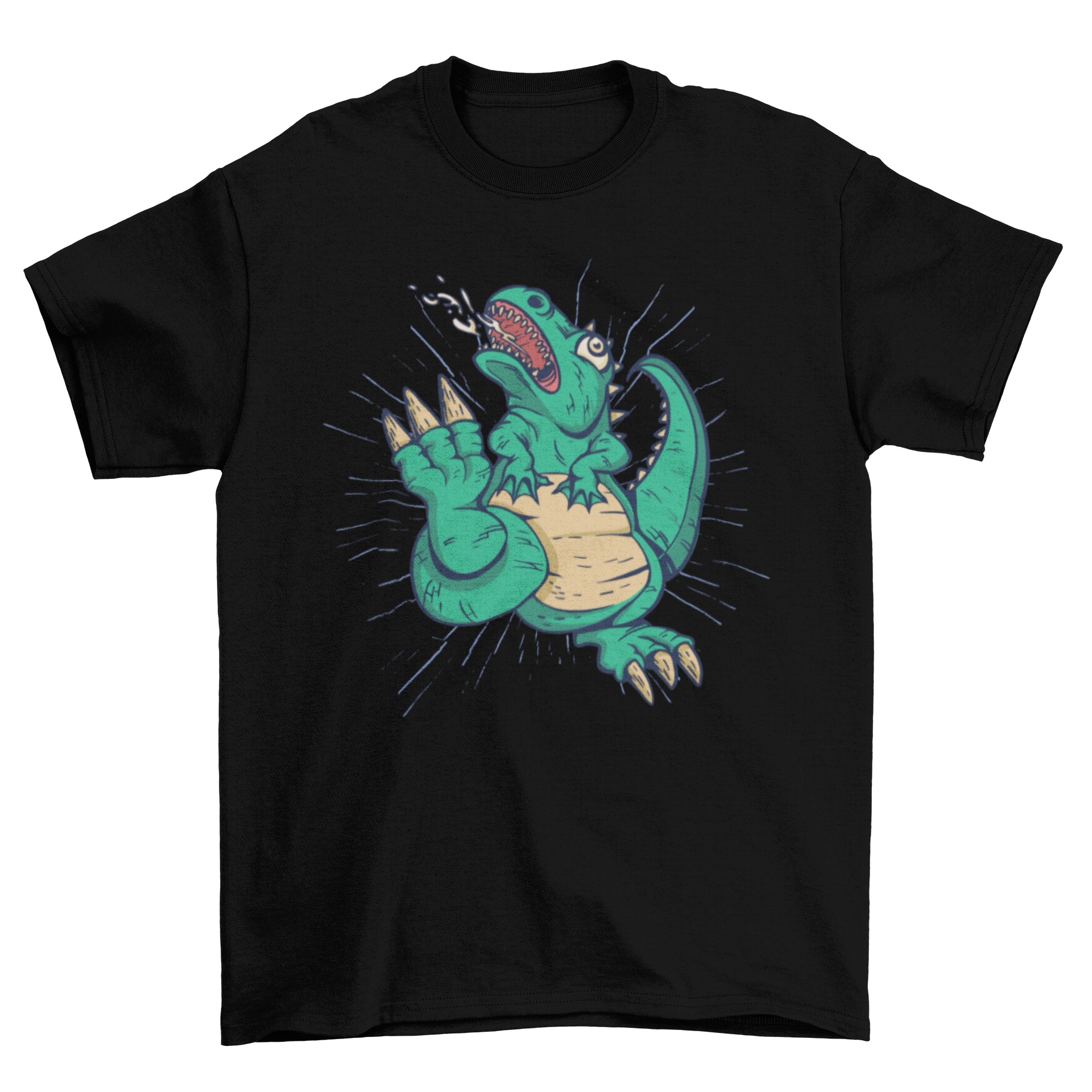 A vibrant t-shirt featuring a tyrannosaurus rex designed as a monster, showcasing its fierce expression and colorful graphics.