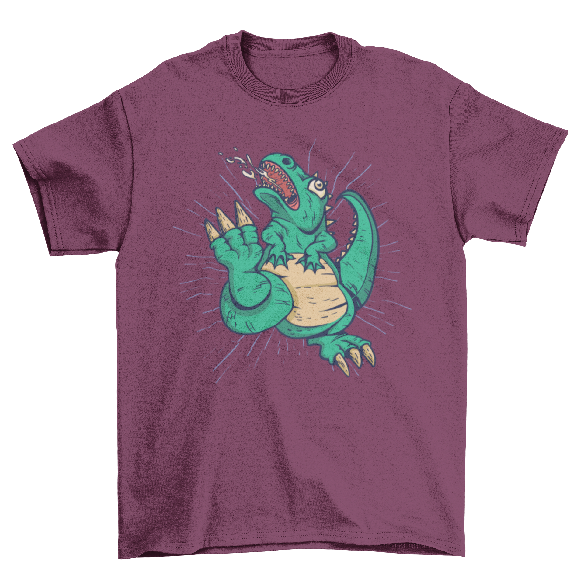 A vibrant t-shirt featuring a tyrannosaurus rex designed as a monster, showcasing its fierce expression and colorful graphics.