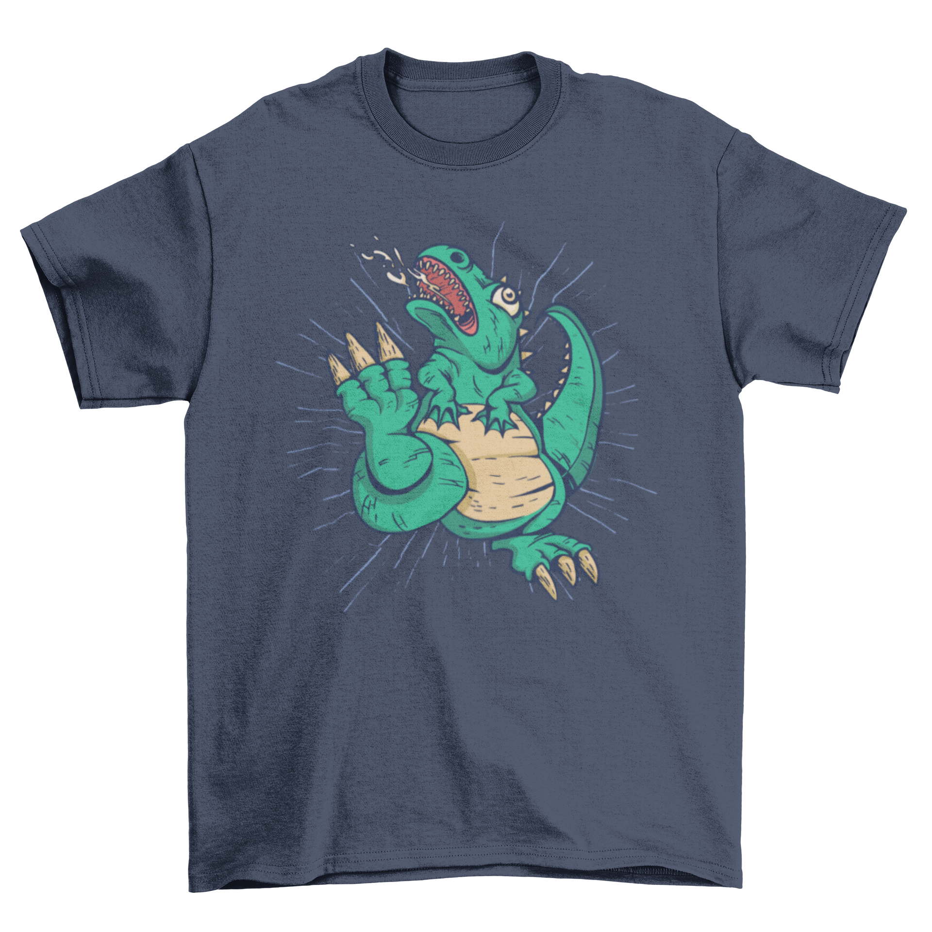 A vibrant t-shirt featuring a tyrannosaurus rex designed as a monster, showcasing its fierce expression and colorful graphics.