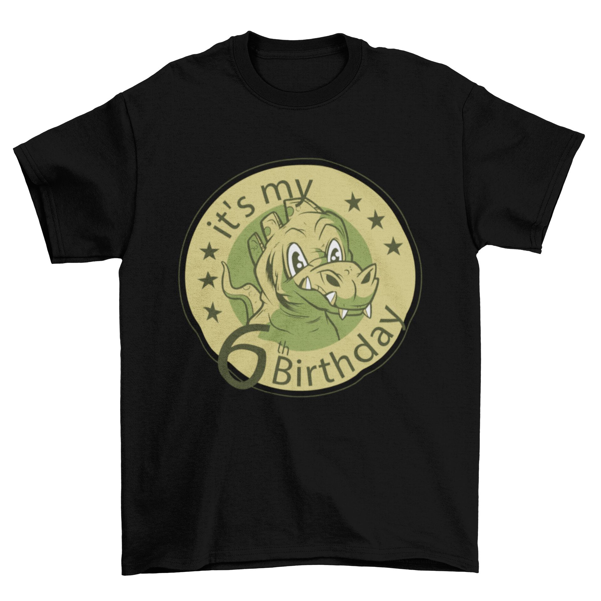 Adorable dinosaur t-shirt design for a child's sixth birthday featuring a colorful dinosaur and the quote 'It's my 6th birthday'.