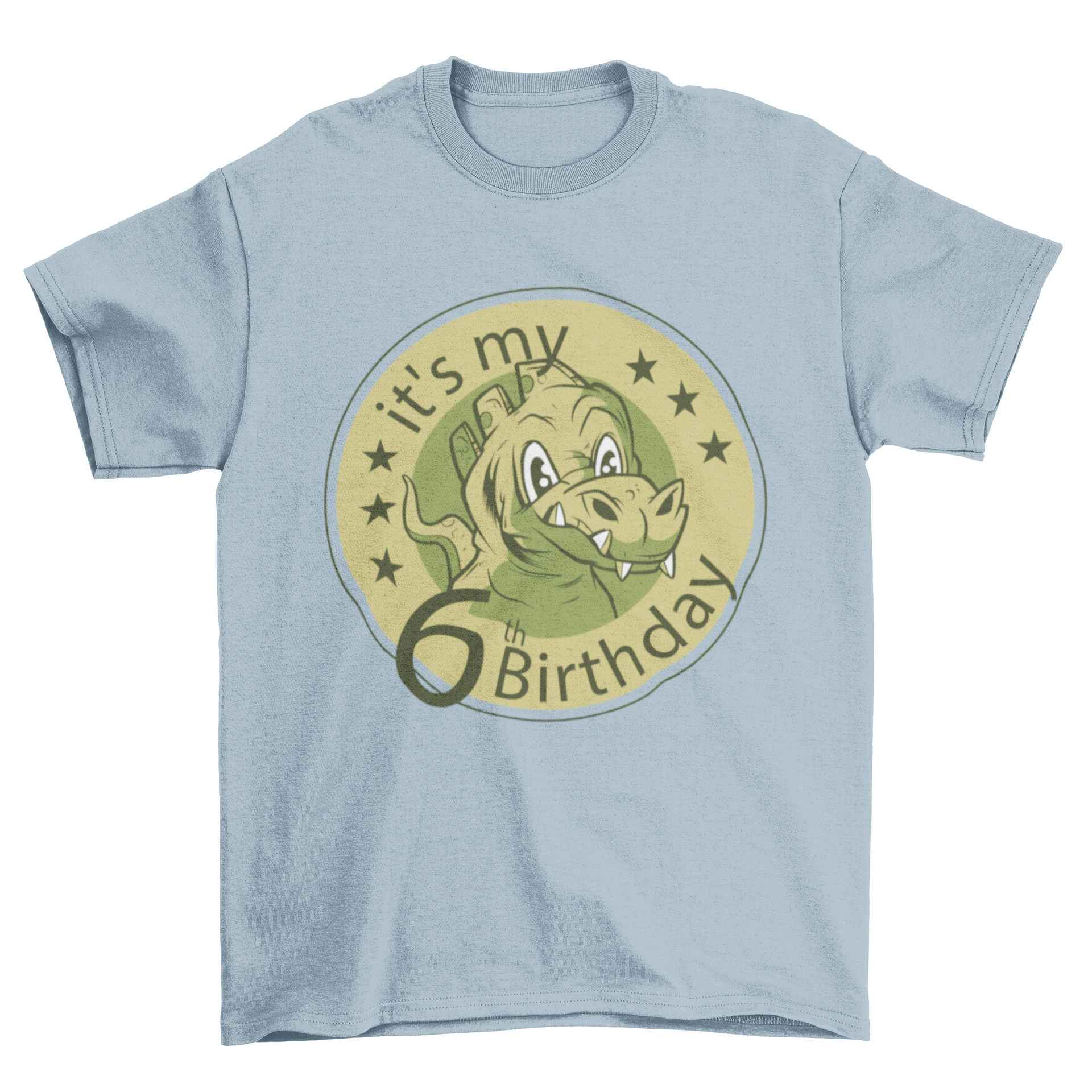 Adorable dinosaur t-shirt design for a child's sixth birthday featuring a colorful dinosaur and the quote 'It's my 6th birthday'.