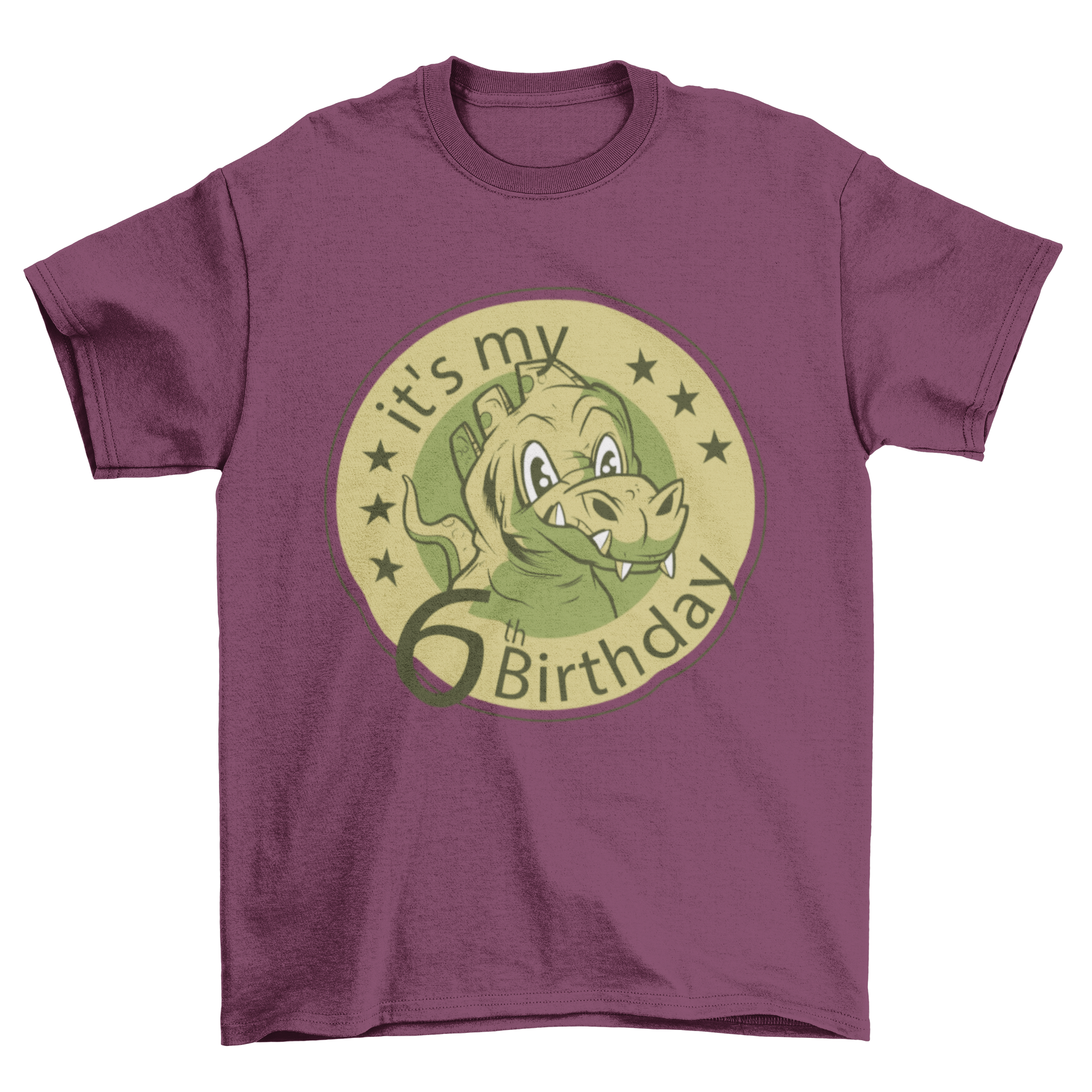 Adorable dinosaur t-shirt design for a child's sixth birthday featuring a colorful dinosaur and the quote 'It's my 6th birthday'.