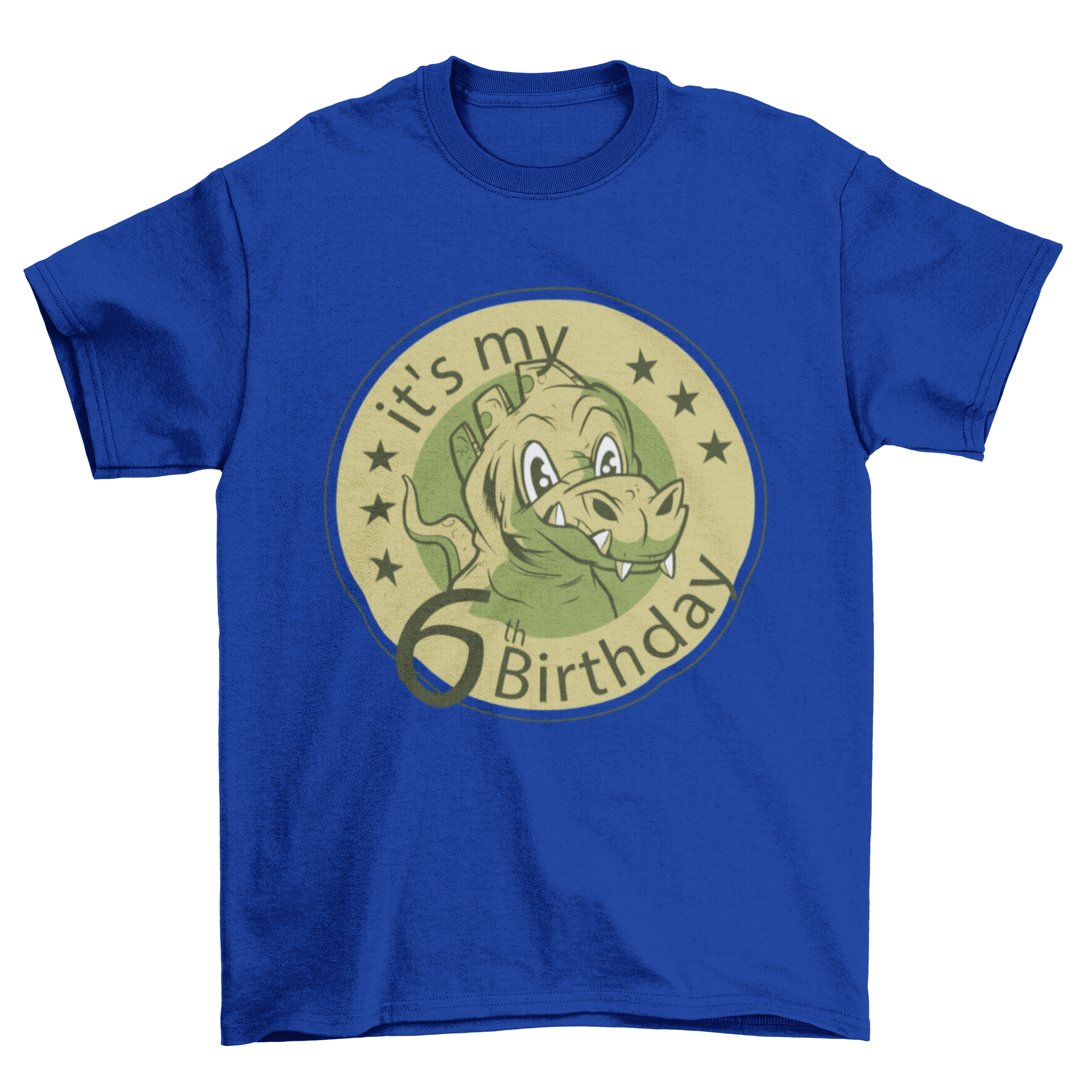 Adorable dinosaur t-shirt design for a child's sixth birthday featuring a colorful dinosaur and the quote 'It's my 6th birthday'.