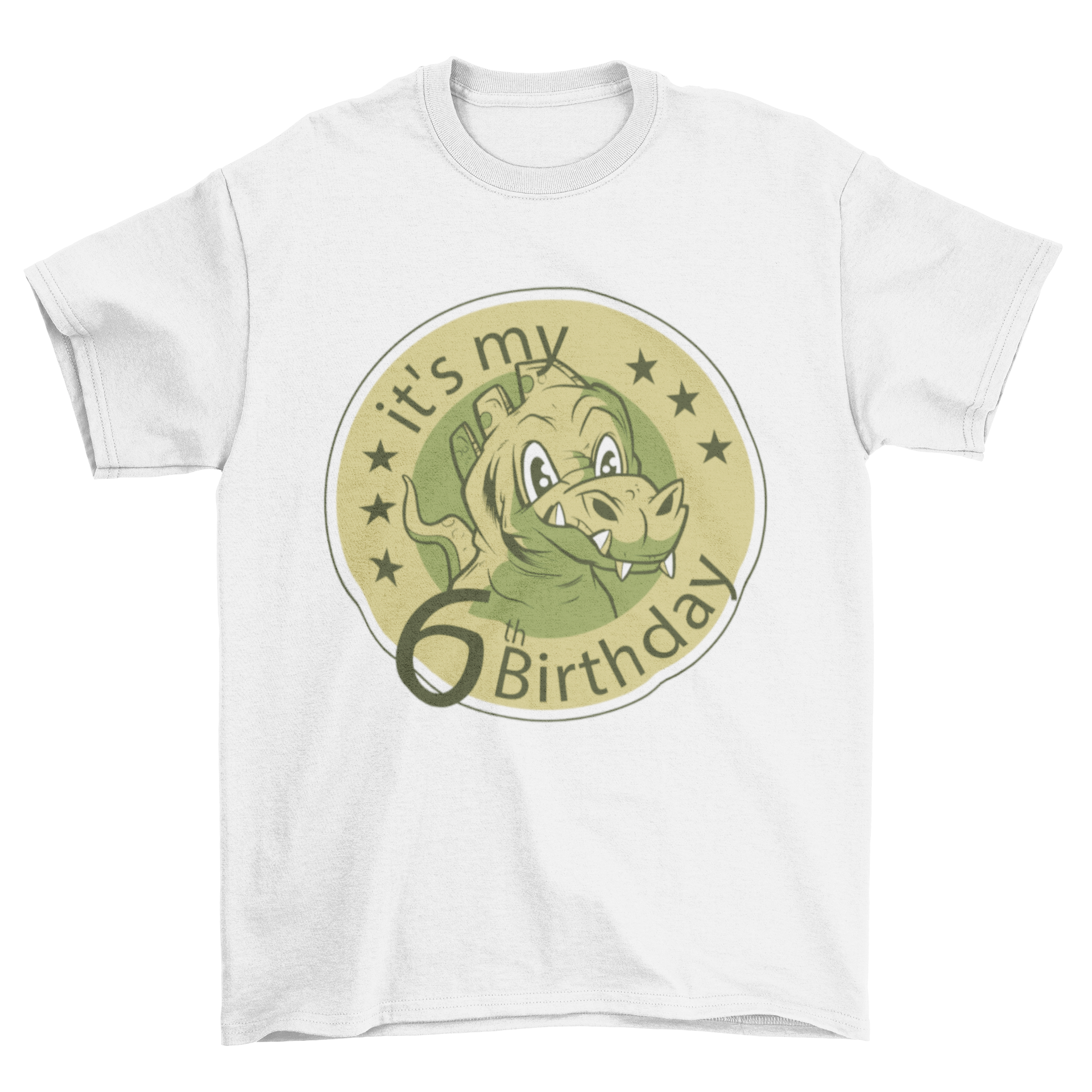 Adorable dinosaur t-shirt design for a child's sixth birthday featuring a colorful dinosaur and the quote 'It's my 6th birthday'.