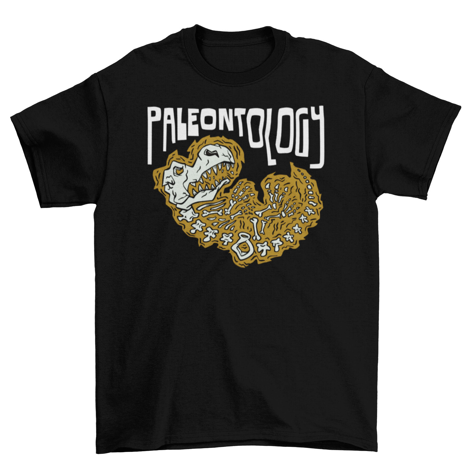 A stylish t-shirt featuring a dinosaur skeleton design with the word 'Paleontology' printed on it, perfect for dinosaur lovers.