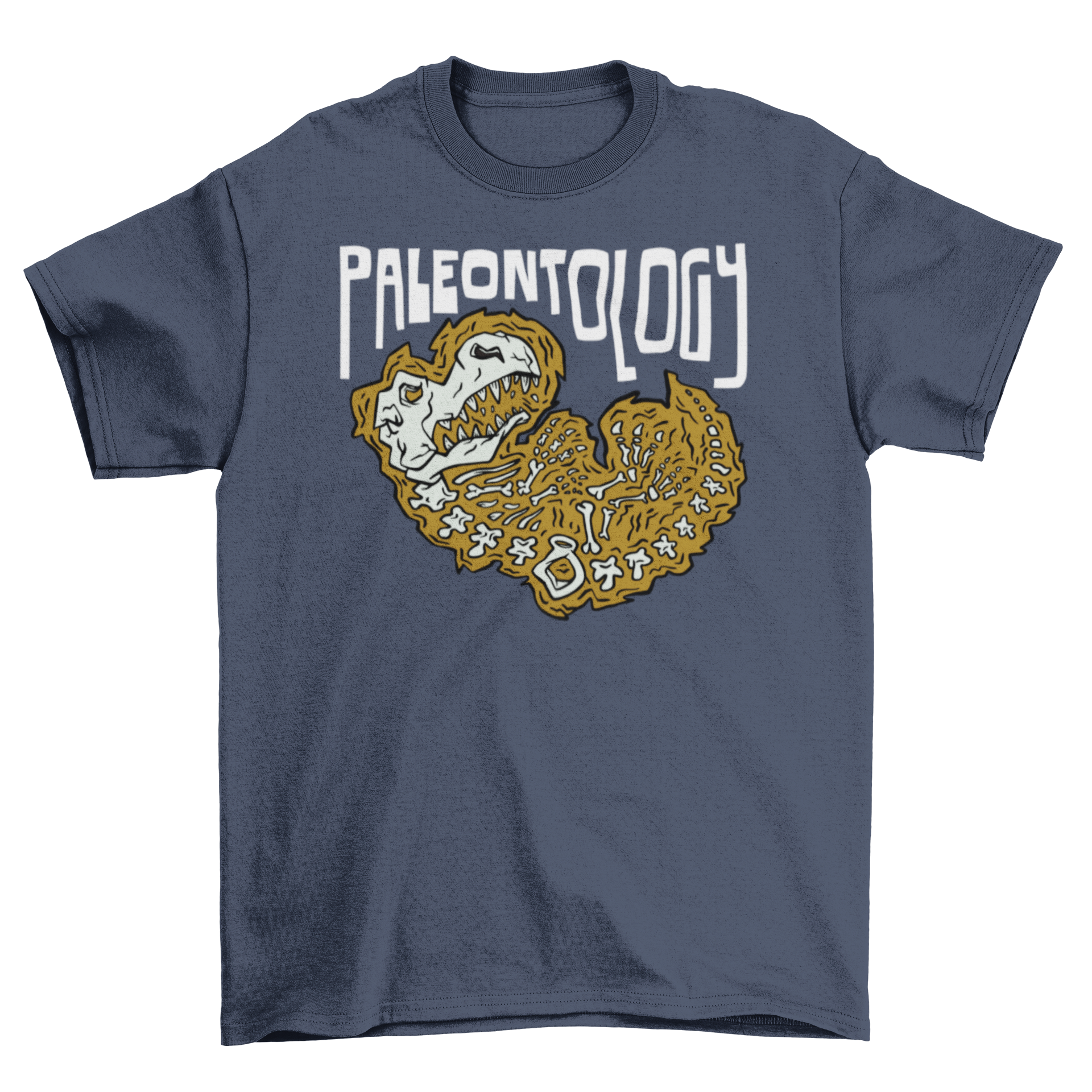 A stylish t-shirt featuring a dinosaur skeleton design with the word 'Paleontology' printed on it, perfect for dinosaur lovers.