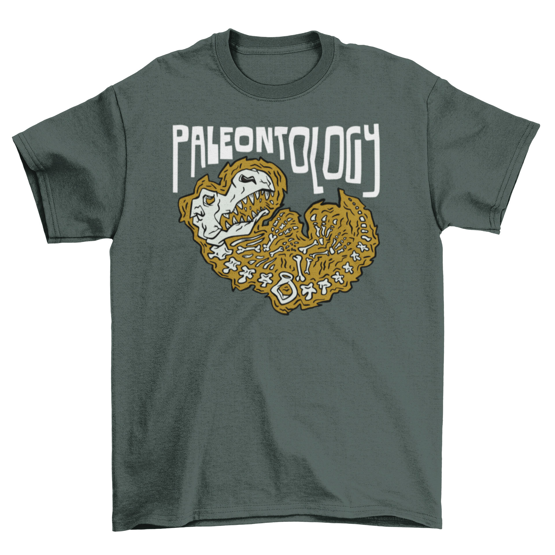 A stylish t-shirt featuring a dinosaur skeleton design with the word 'Paleontology' printed on it, perfect for dinosaur lovers.