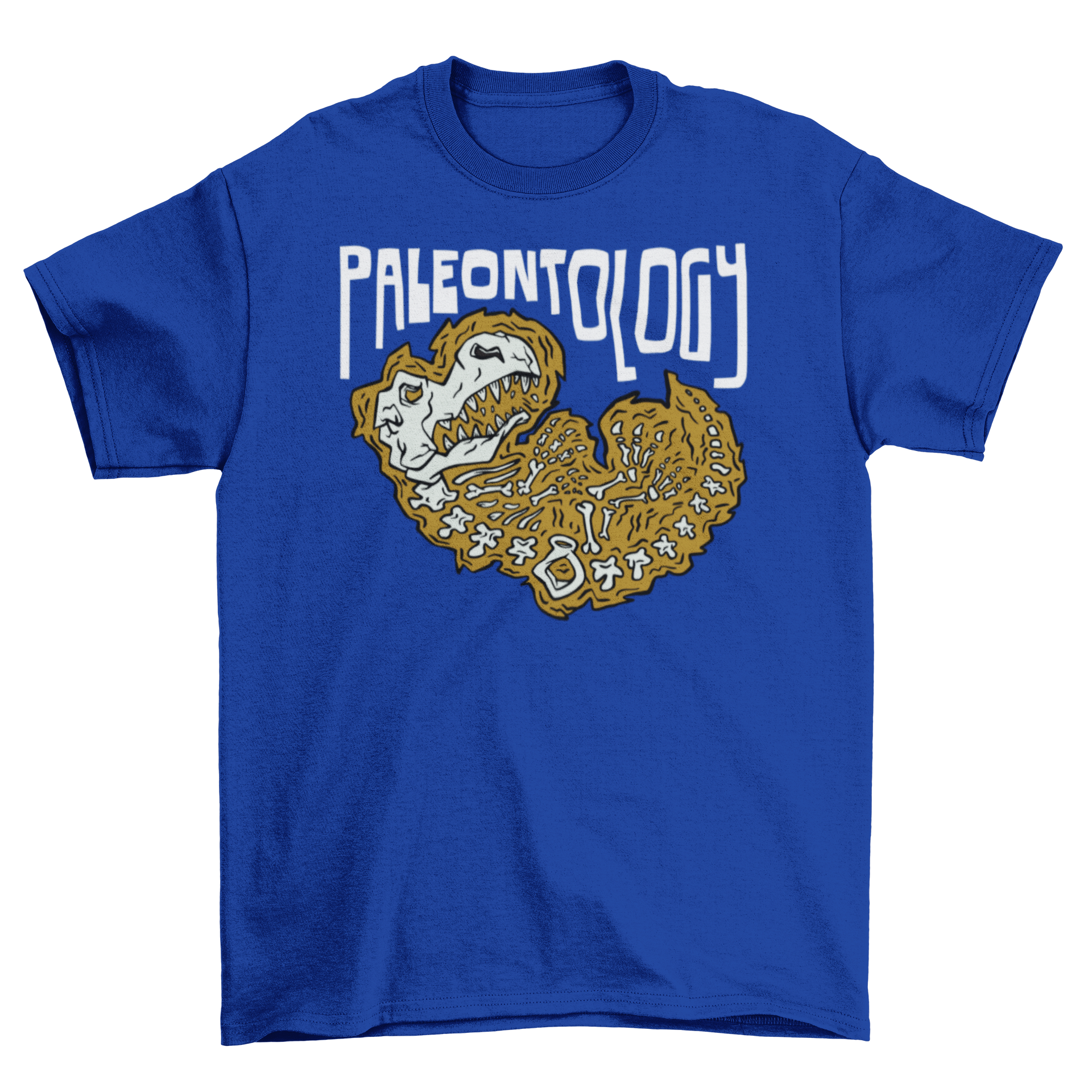 A stylish t-shirt featuring a dinosaur skeleton design with the word 'Paleontology' printed on it, perfect for dinosaur lovers.