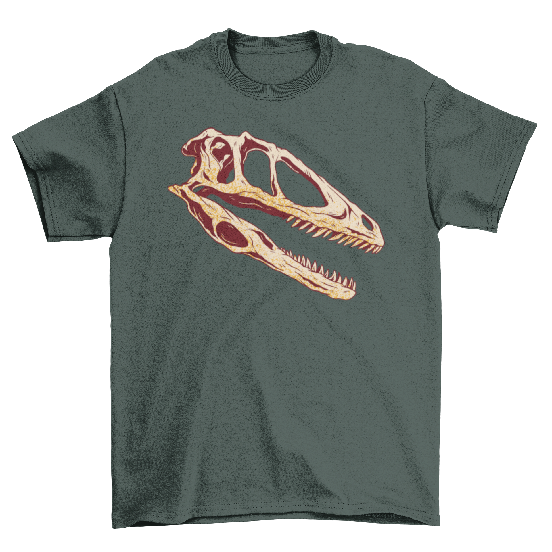 A stylish t-shirt featuring a detailed illustration of a dinosaur skull, perfect for casual wear.