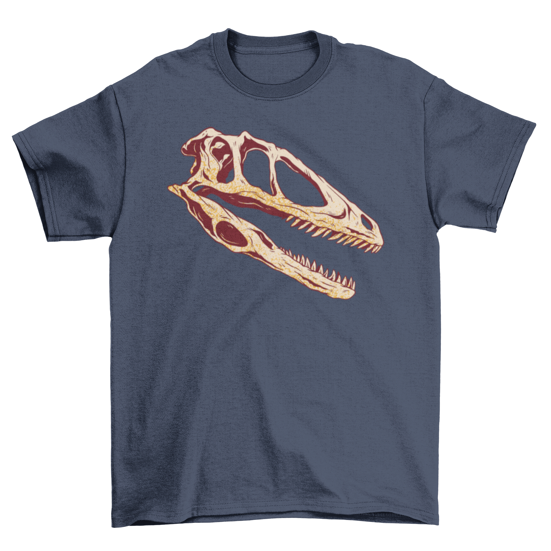 A stylish t-shirt featuring a detailed illustration of a dinosaur skull, perfect for casual wear.