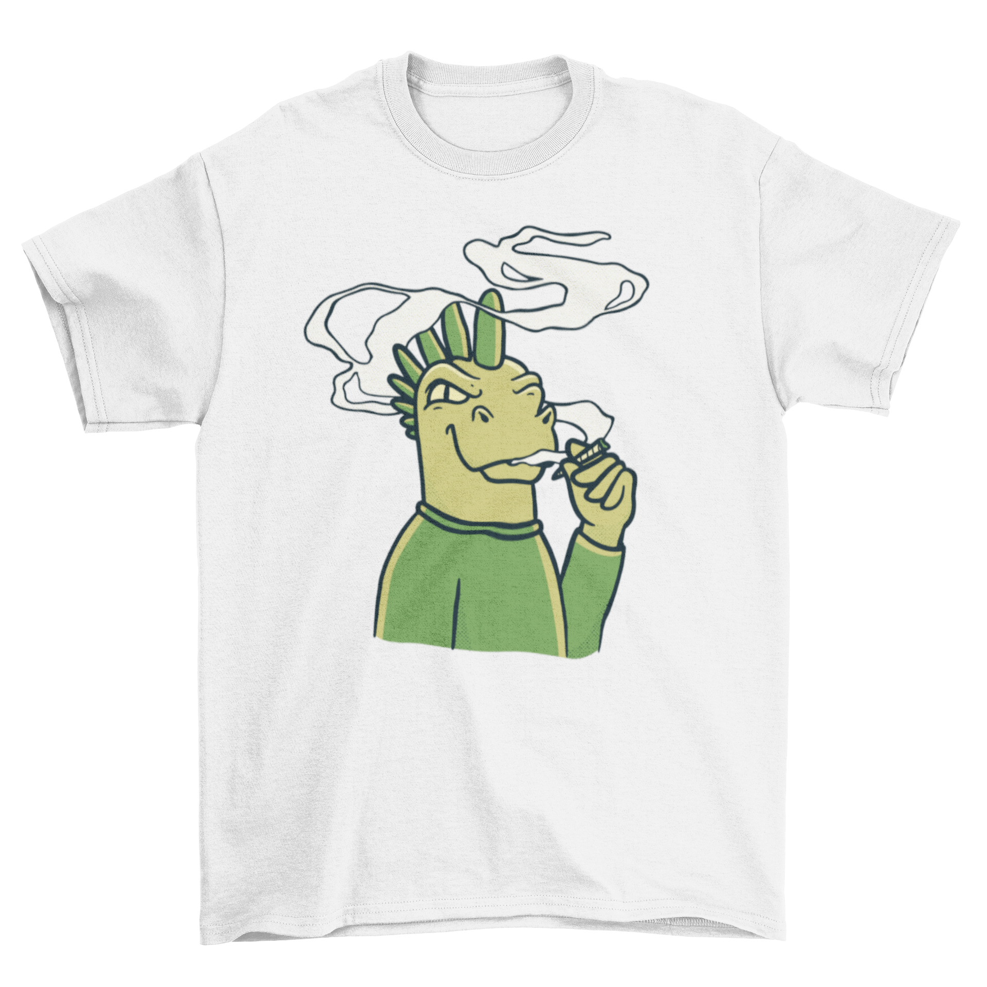 A vibrant t-shirt featuring a dinosaur smoking a spliff, showcasing a fun and quirky design.