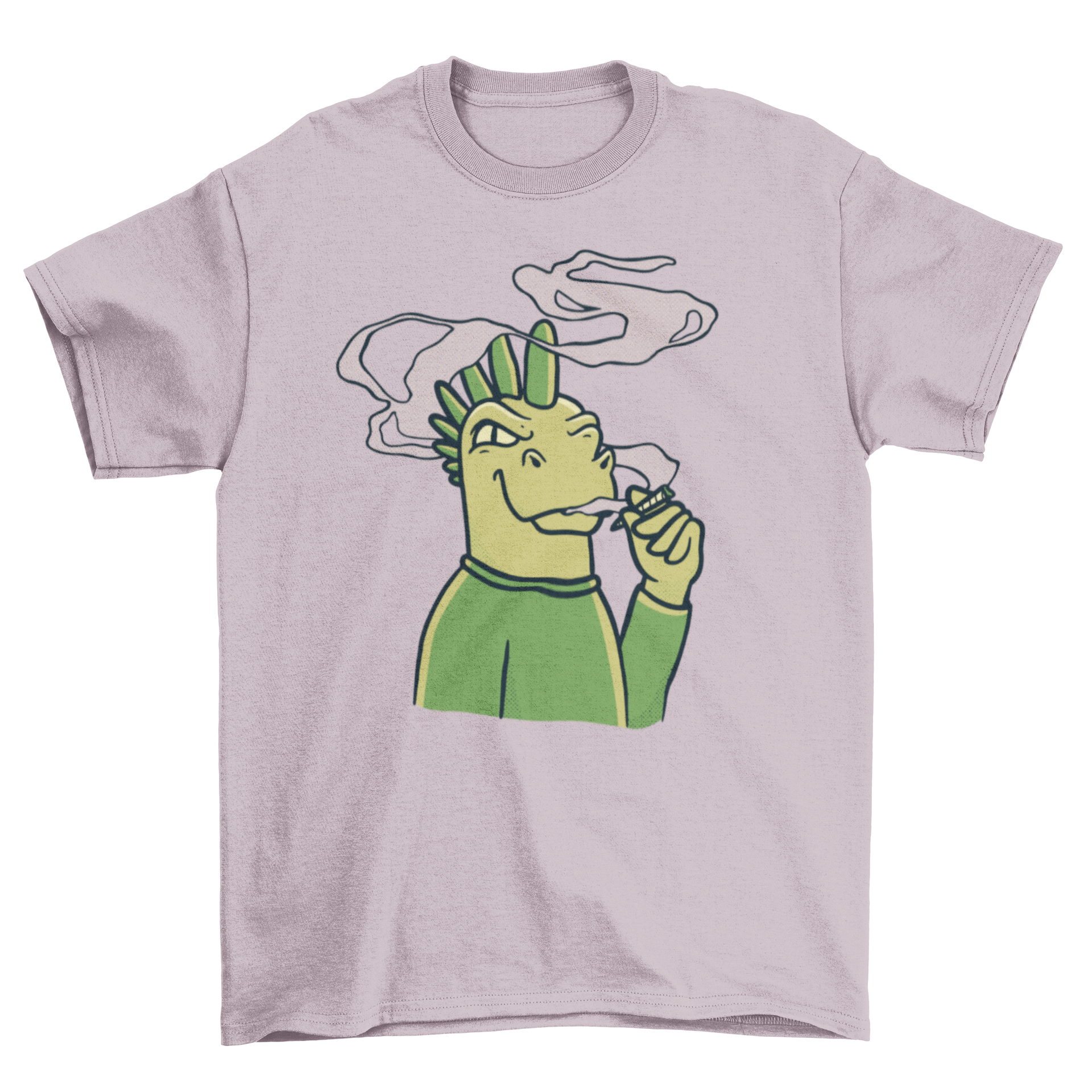 A vibrant t-shirt featuring a dinosaur smoking a spliff, showcasing a fun and quirky design.