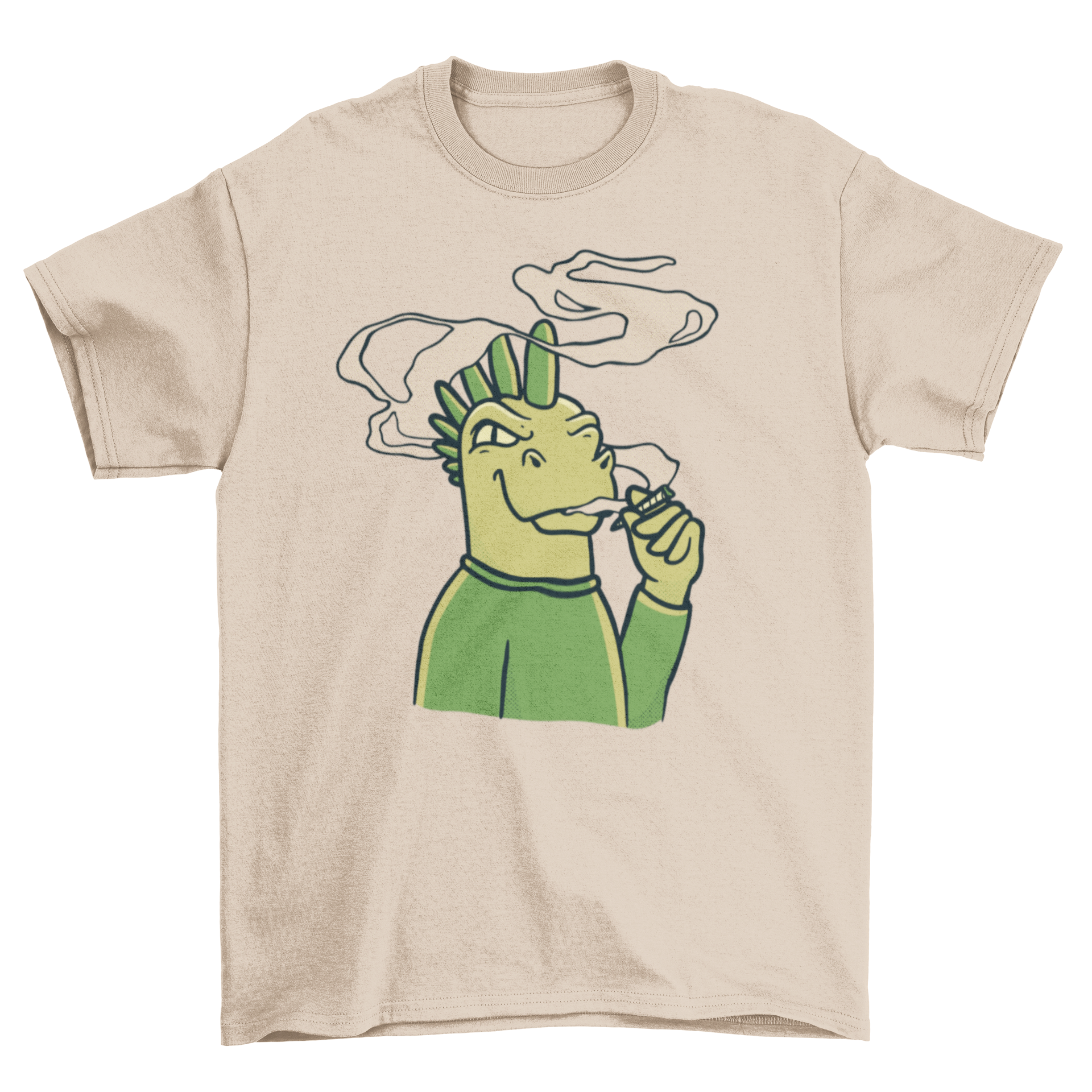 A vibrant t-shirt featuring a dinosaur smoking a spliff, showcasing a fun and quirky design.