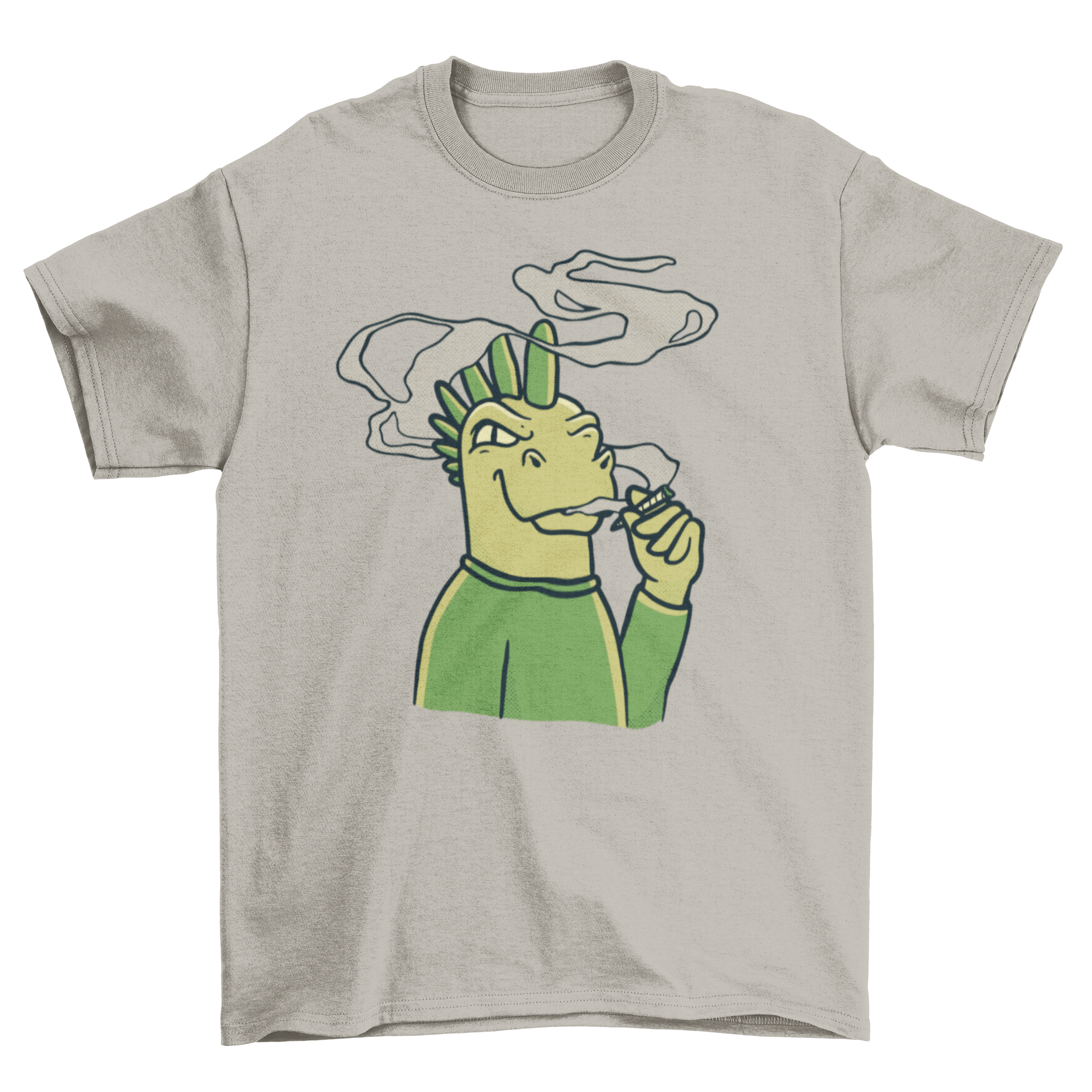 A vibrant t-shirt featuring a dinosaur smoking a spliff, showcasing a fun and quirky design.