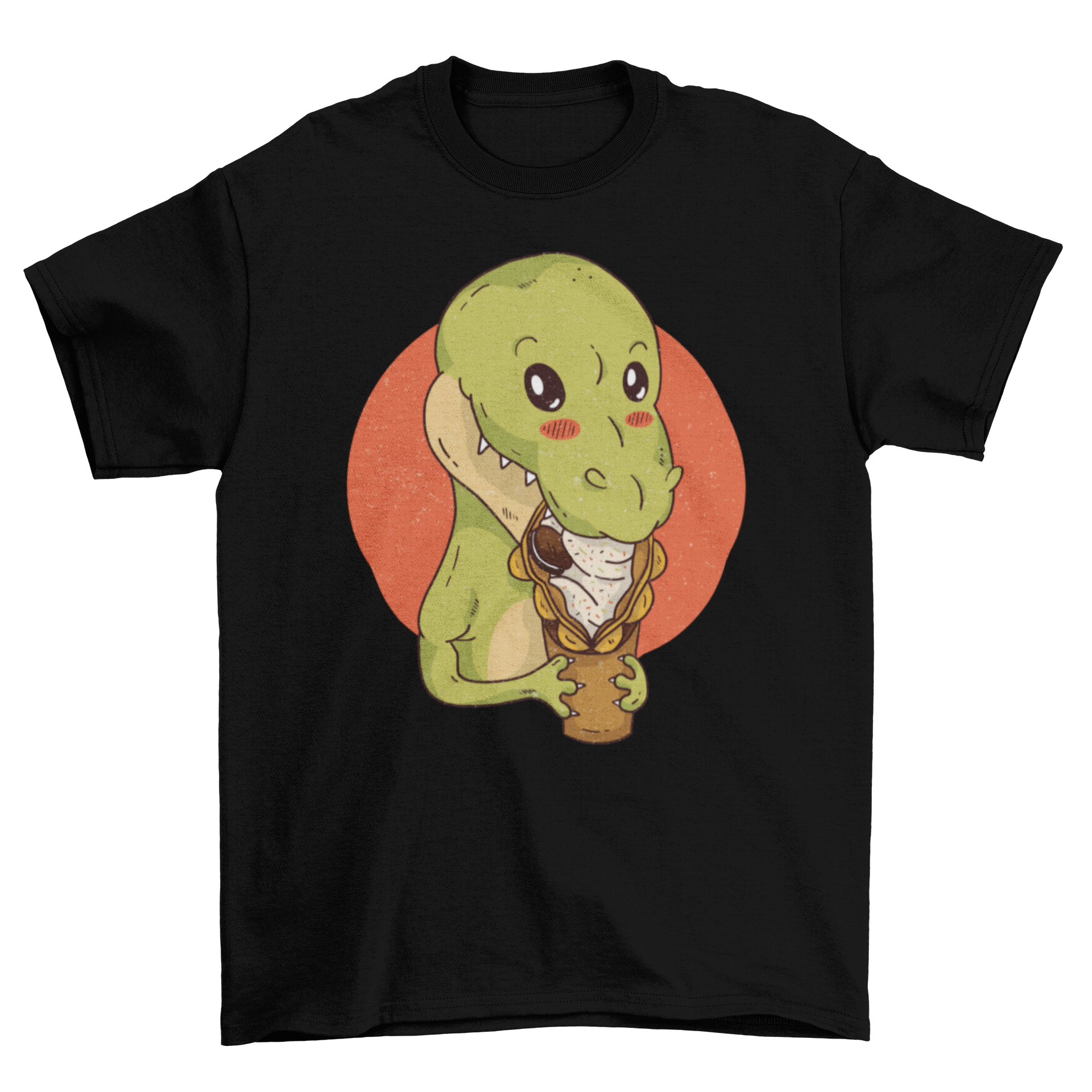 Dinosaur Snacking T-Shirt featuring a cute dinosaur eating an egg waffle, perfect for dino lovers.