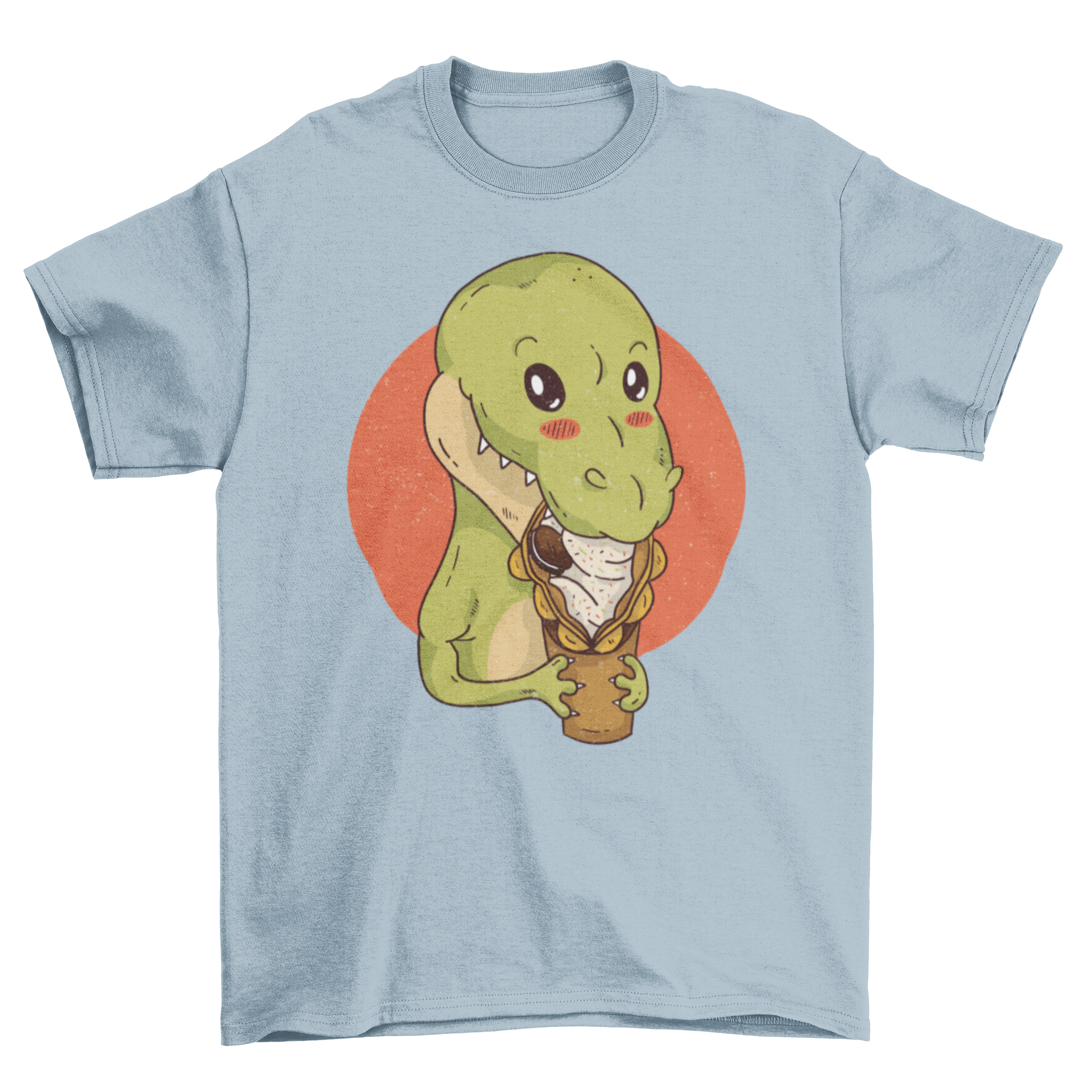 Dinosaur Snacking T-Shirt featuring a cute dinosaur eating an egg waffle, perfect for dino lovers.