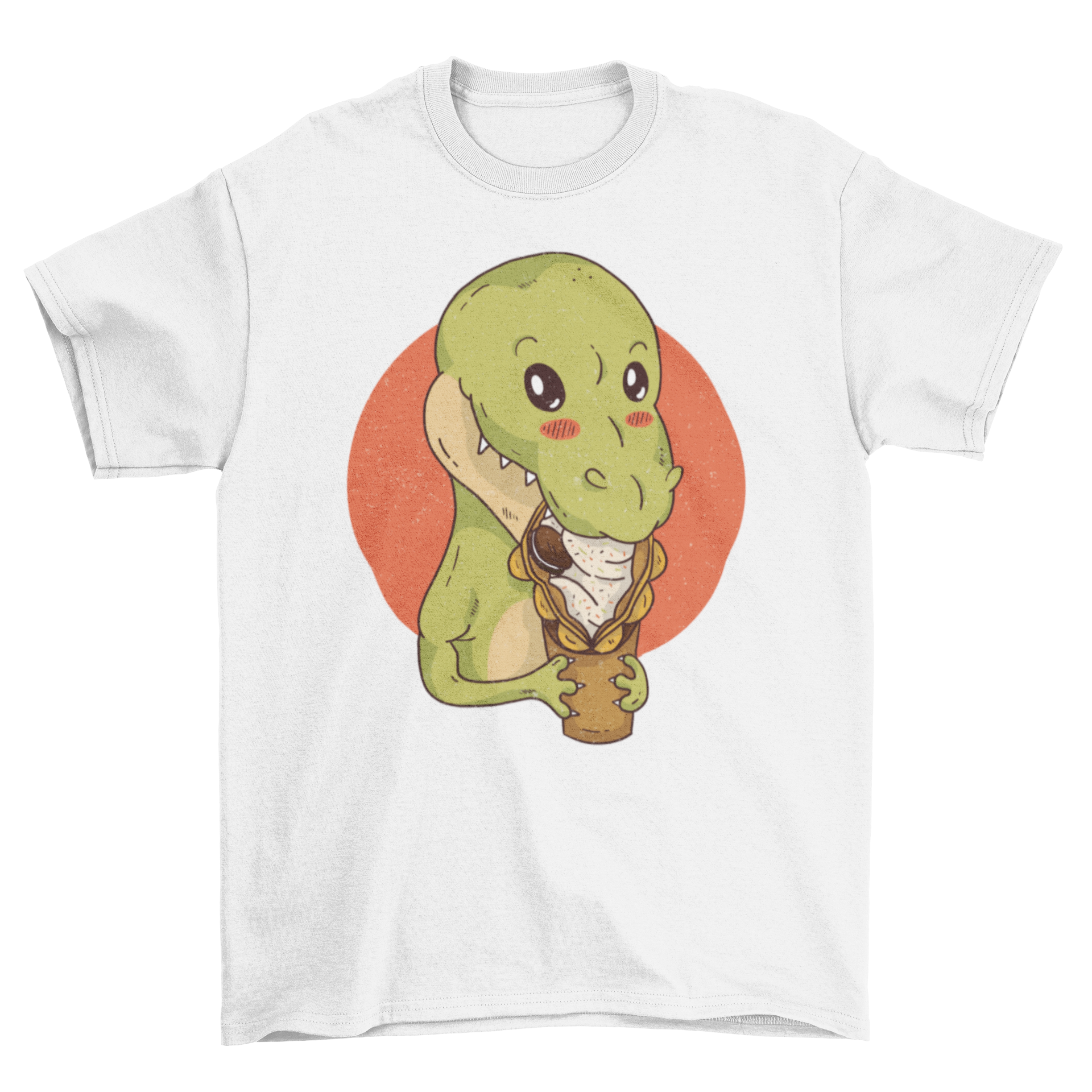 Dinosaur Snacking T-Shirt featuring a cute dinosaur eating an egg waffle, perfect for dino lovers.