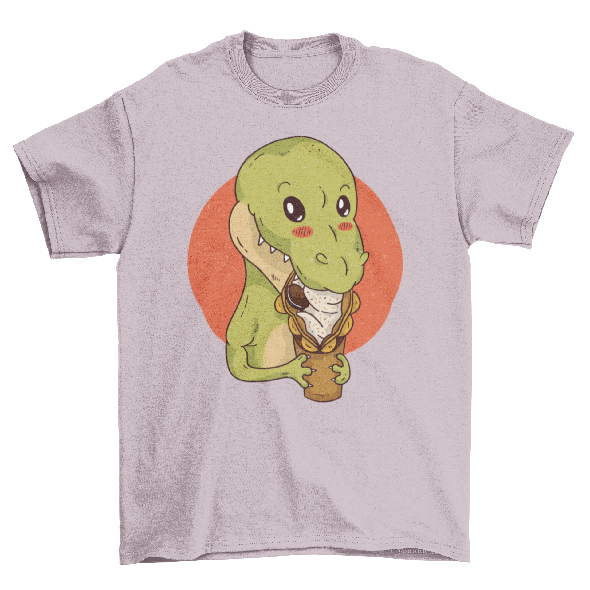 Dinosaur Snacking T-Shirt featuring a cute dinosaur eating an egg waffle, perfect for dino lovers.