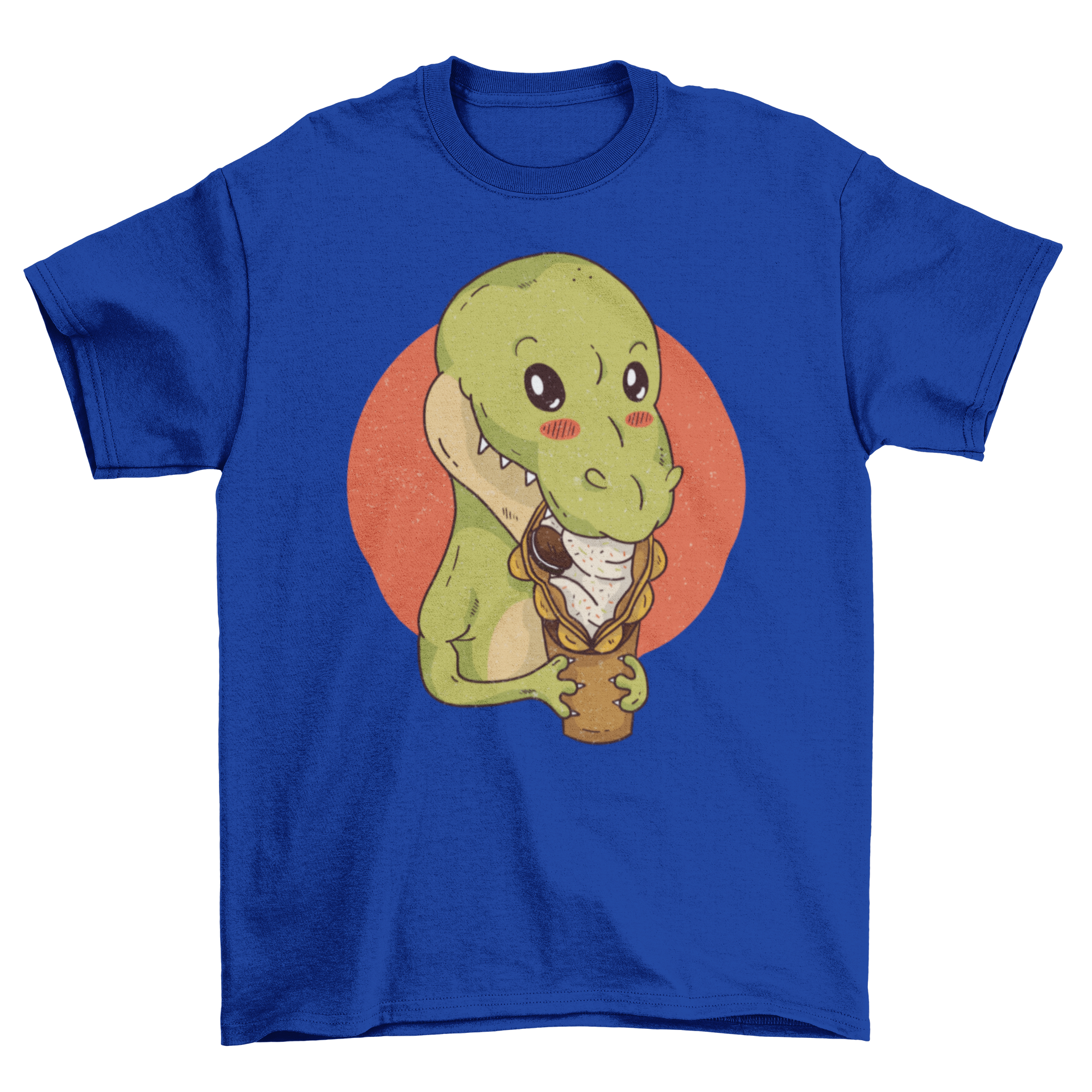 Dinosaur Snacking T-Shirt featuring a cute dinosaur eating an egg waffle, perfect for dino lovers.