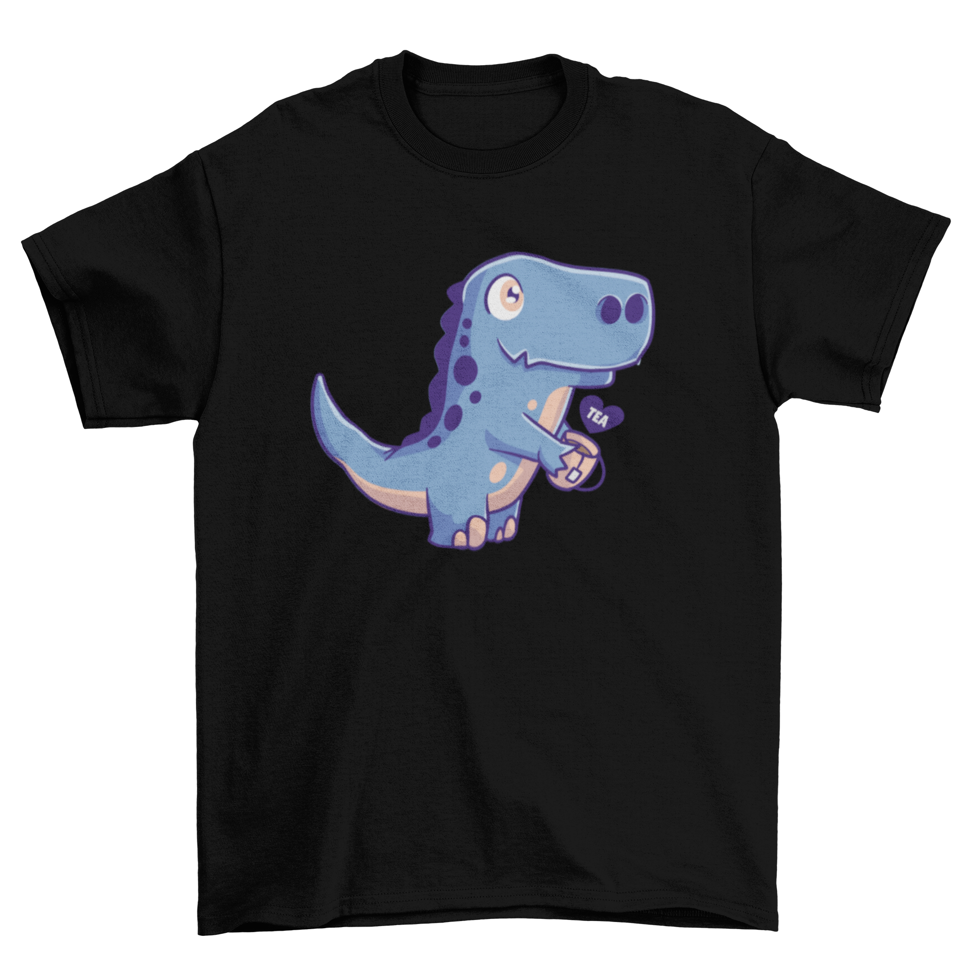 A cute dinosaur holding a cup of tea on a t-shirt, showcasing a playful design.