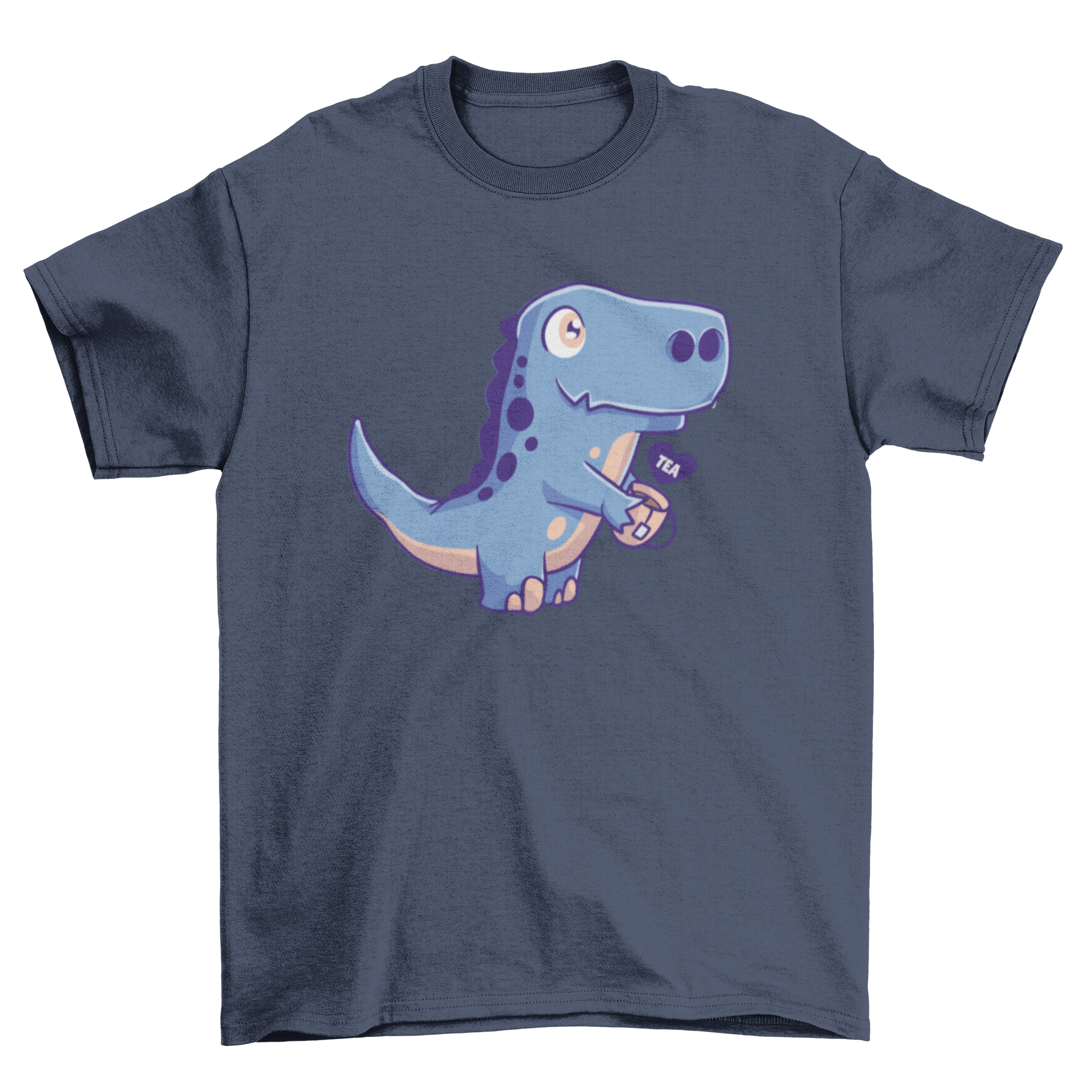 A cute dinosaur holding a cup of tea on a t-shirt, showcasing a playful design.