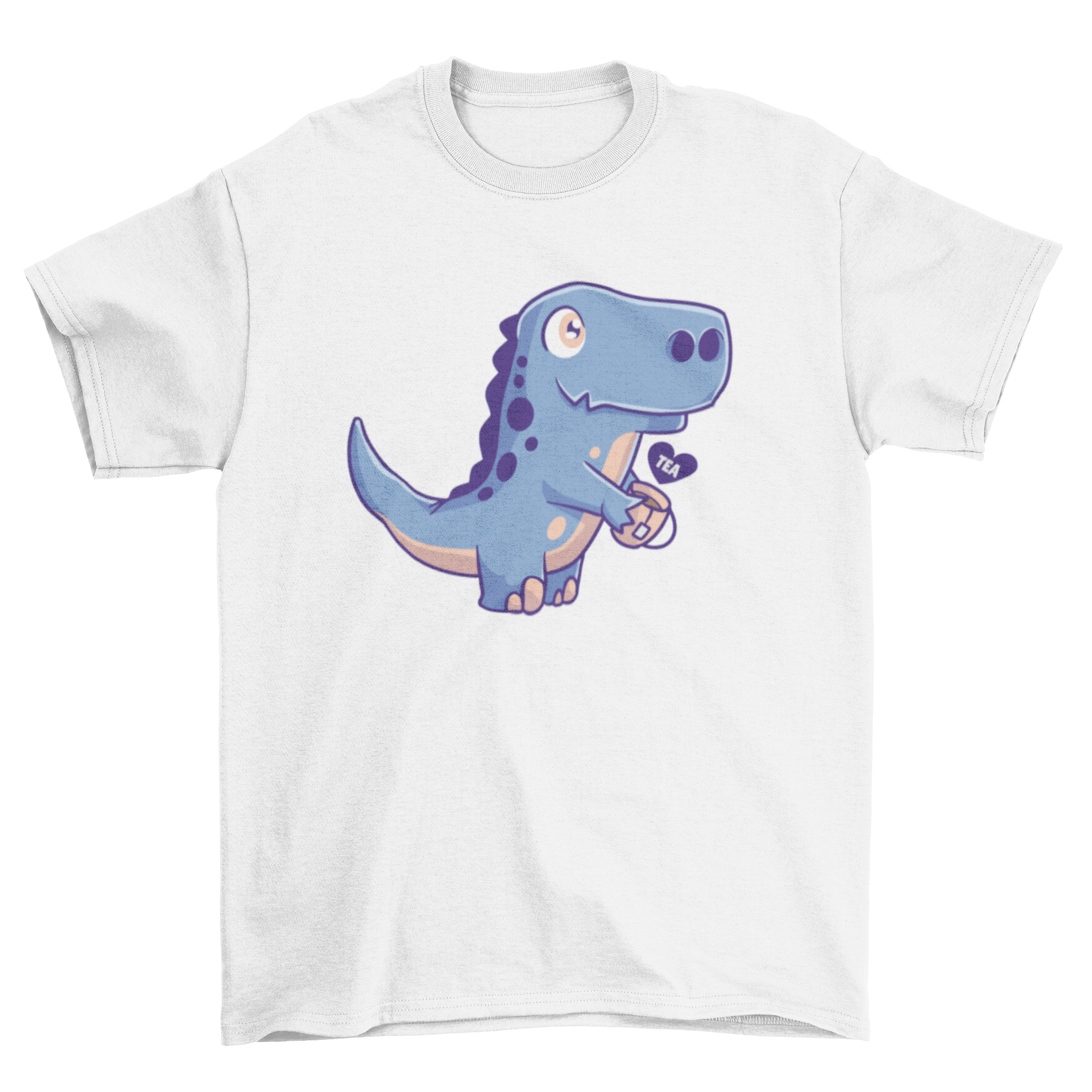 A cute dinosaur holding a cup of tea on a t-shirt, showcasing a playful design.