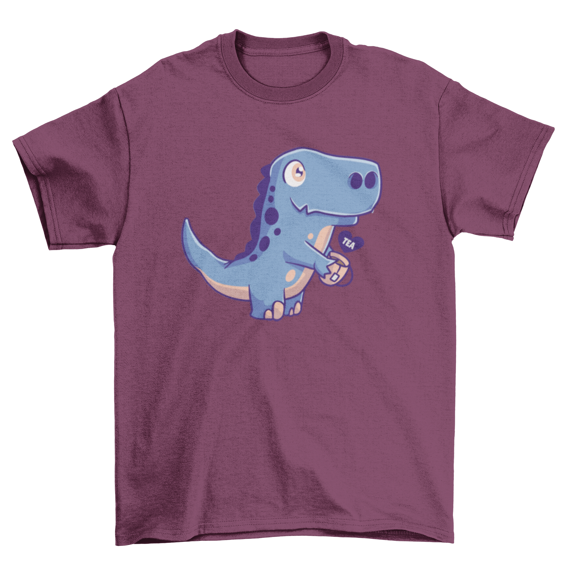 A cute dinosaur holding a cup of tea on a t-shirt, showcasing a playful design.