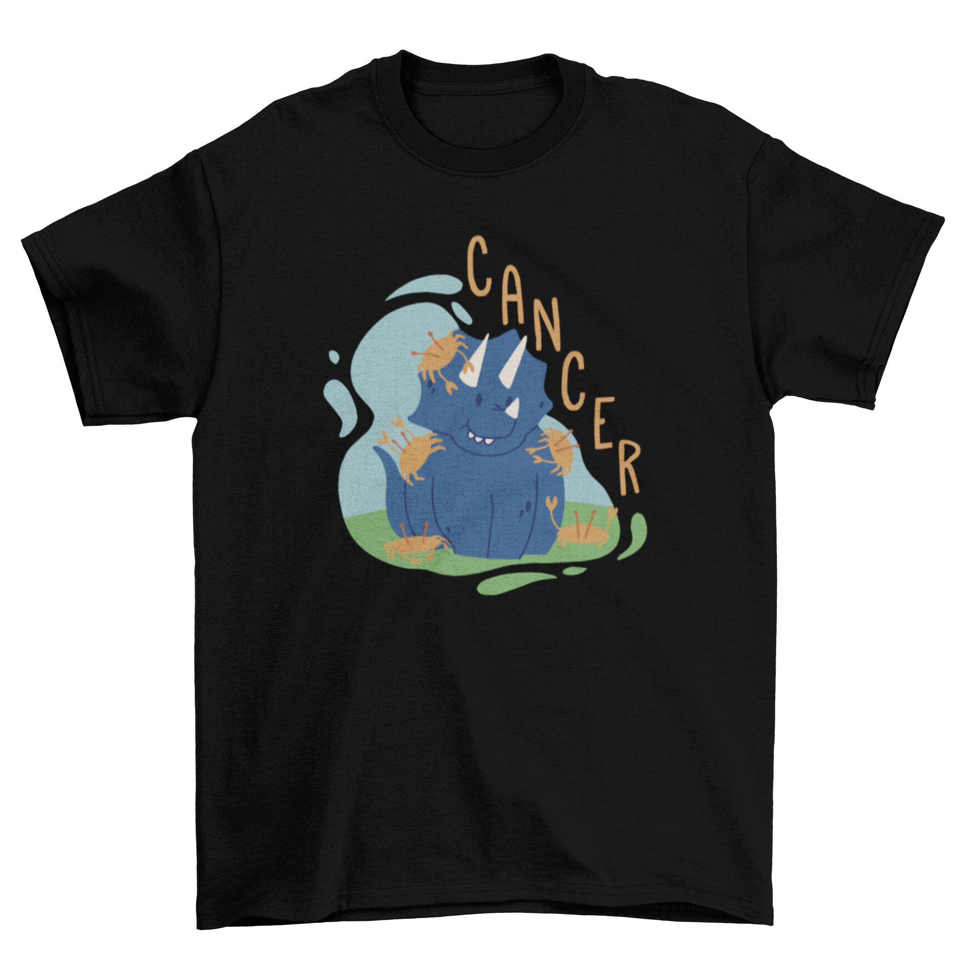 A cute t-shirt featuring a dinosaur design representing the Cancer zodiac sign, showcasing vibrant colors and playful graphics.