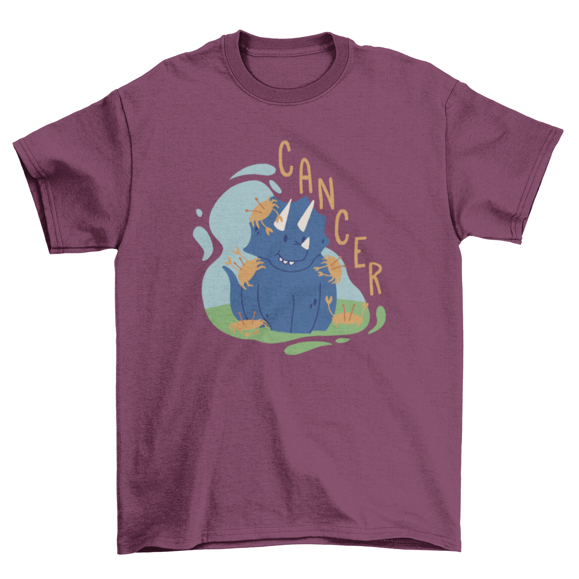 A cute t-shirt featuring a dinosaur design representing the Cancer zodiac sign, showcasing vibrant colors and playful graphics.