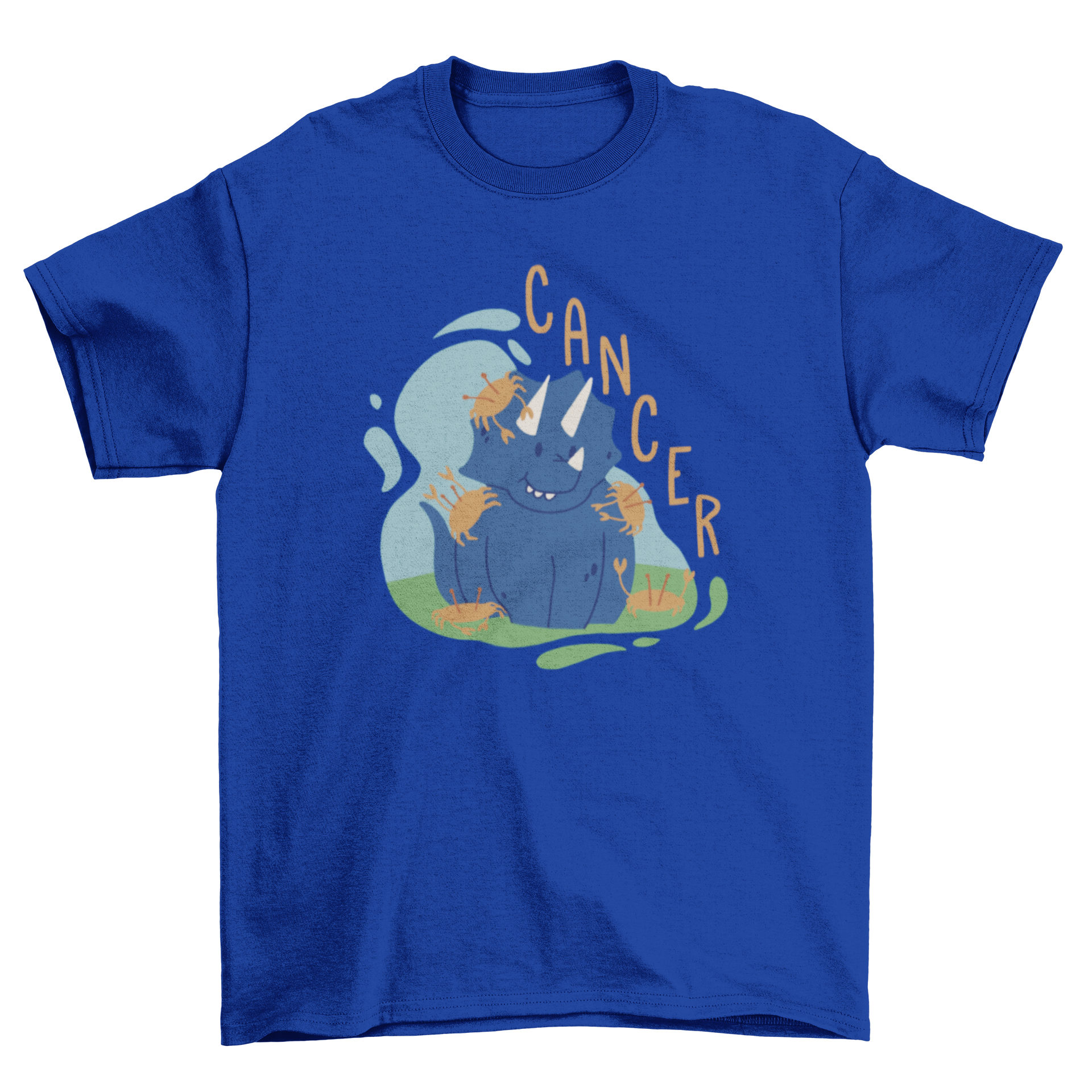 A cute t-shirt featuring a dinosaur design representing the Cancer zodiac sign, showcasing vibrant colors and playful graphics.