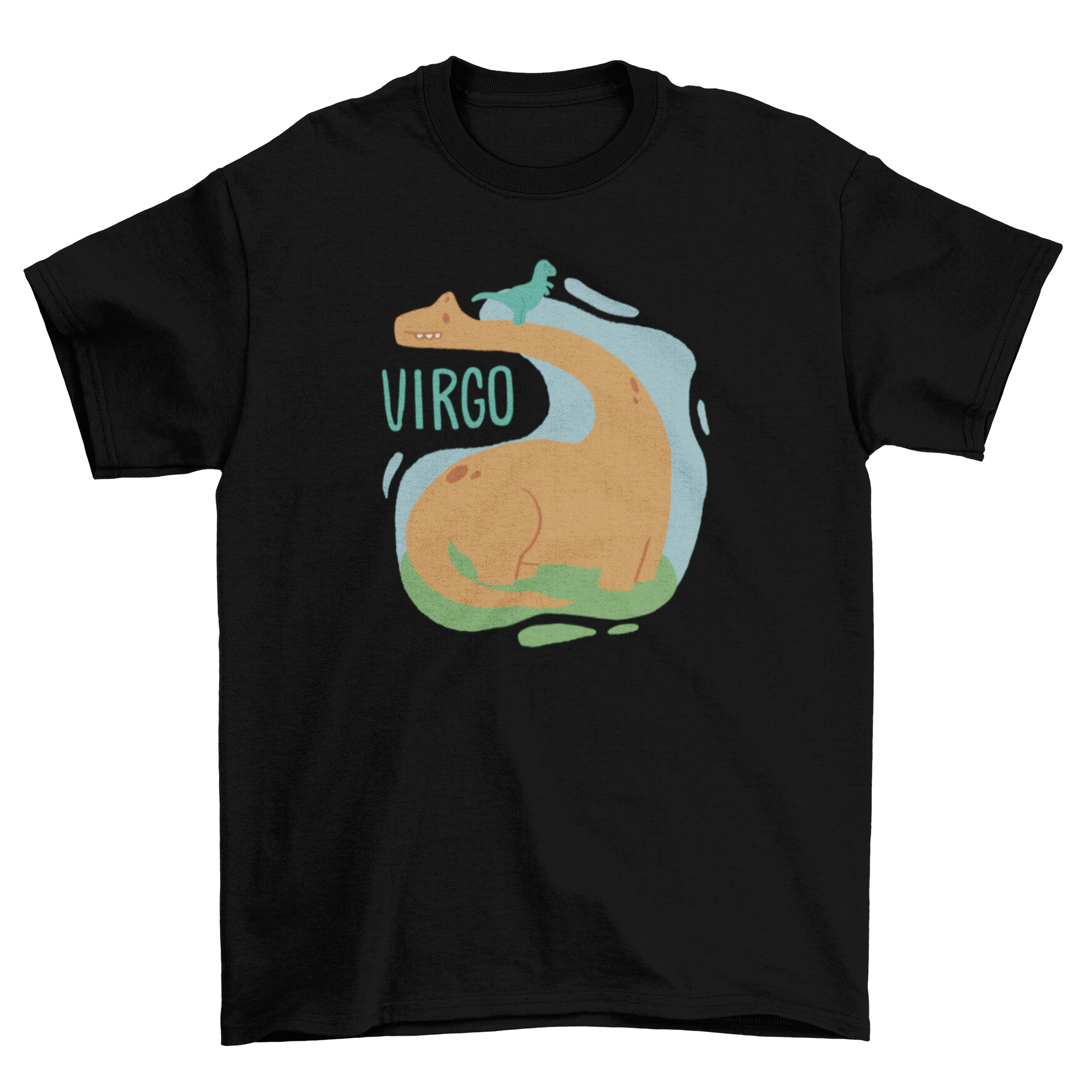 A cute t-shirt featuring a dinosaur representing the Virgo zodiac sign, with one dinosaur walking on top of a larger dinosaur.