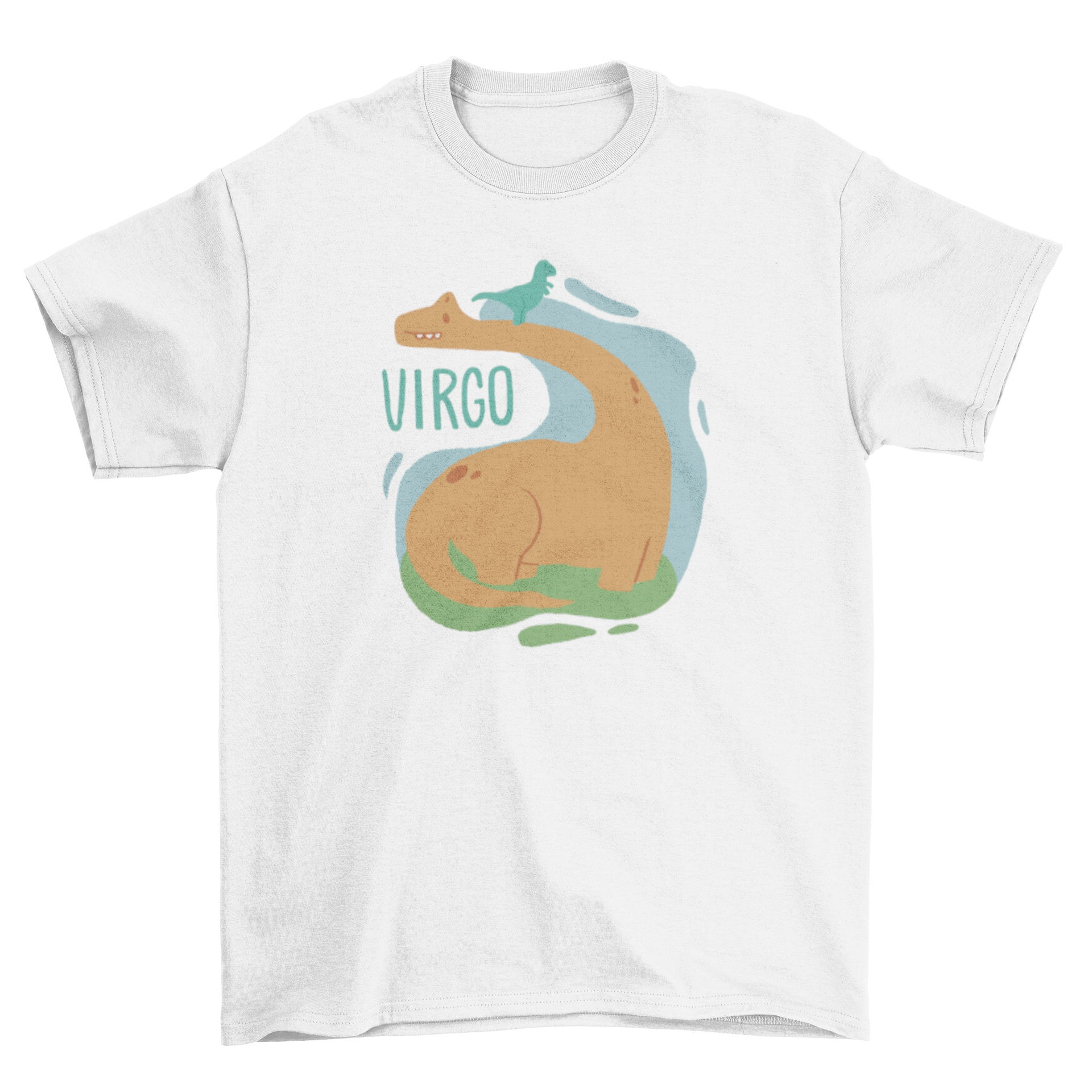 A cute t-shirt featuring a dinosaur representing the Virgo zodiac sign, with one dinosaur walking on top of a larger dinosaur.