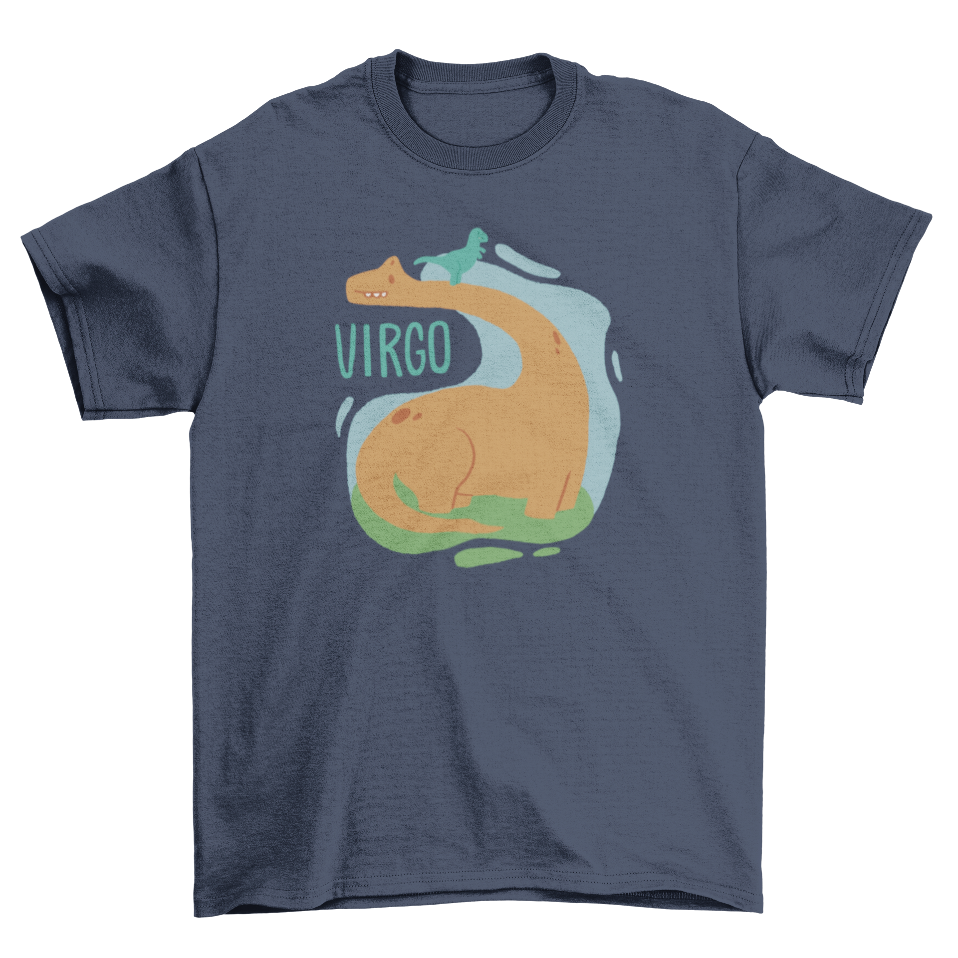 A cute t-shirt featuring a dinosaur representing the Virgo zodiac sign, with one dinosaur walking on top of a larger dinosaur.