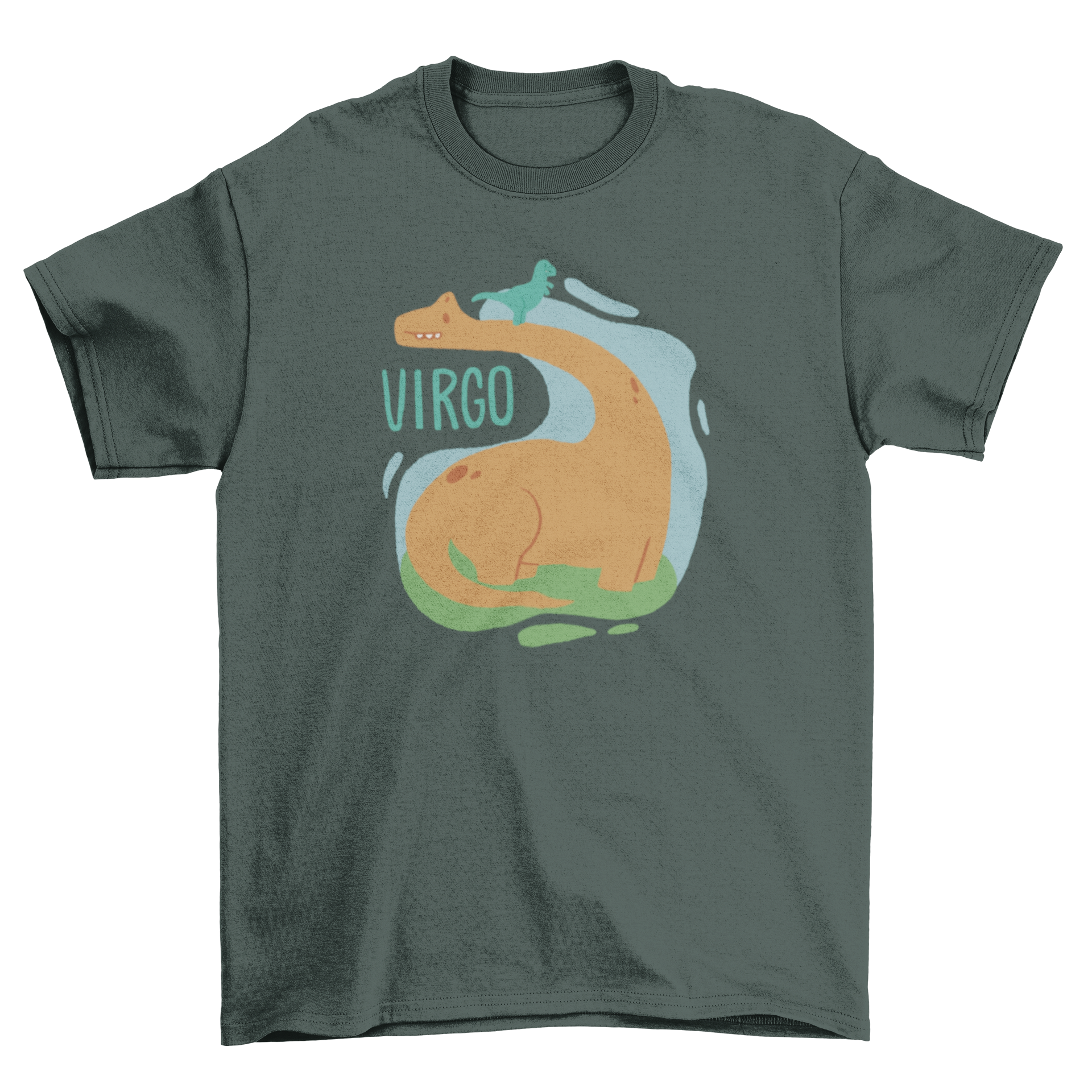 A cute t-shirt featuring a dinosaur representing the Virgo zodiac sign, with one dinosaur walking on top of a larger dinosaur.