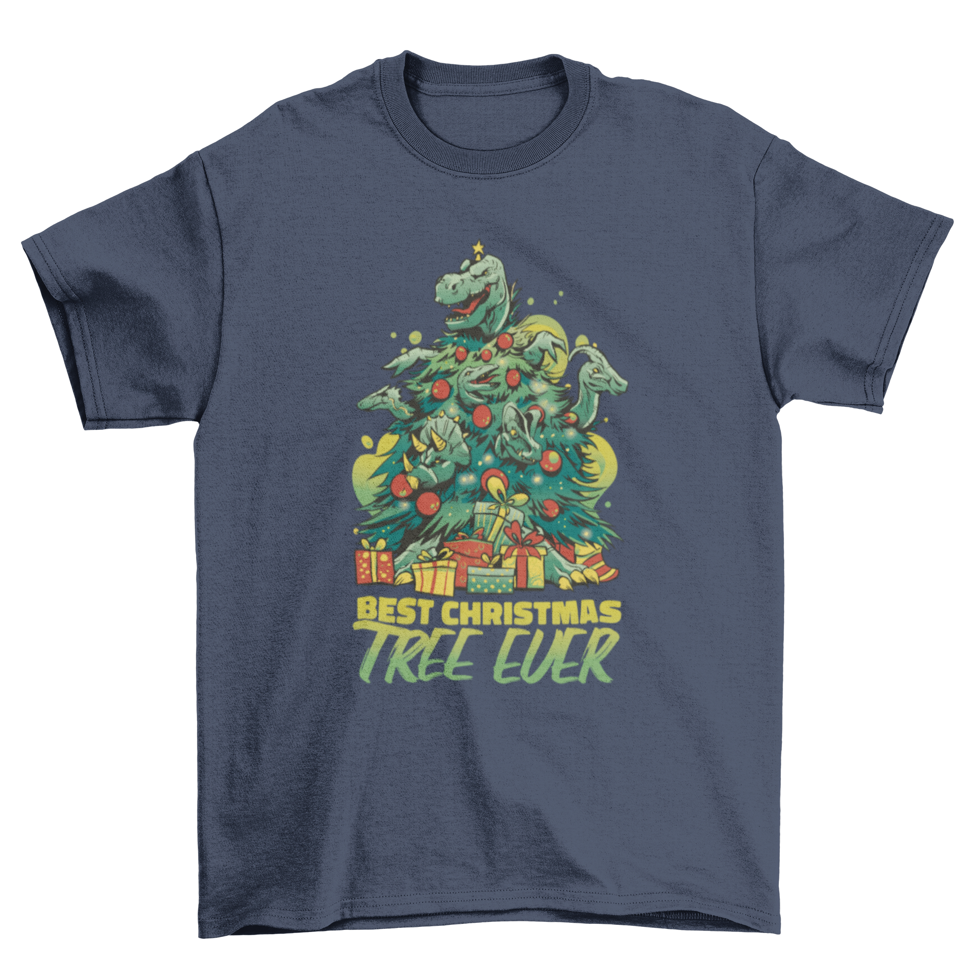 A colorful t-shirt design featuring a Christmas tree made of dinosaurs with the quote 'Best Christmas Tree Ever'.