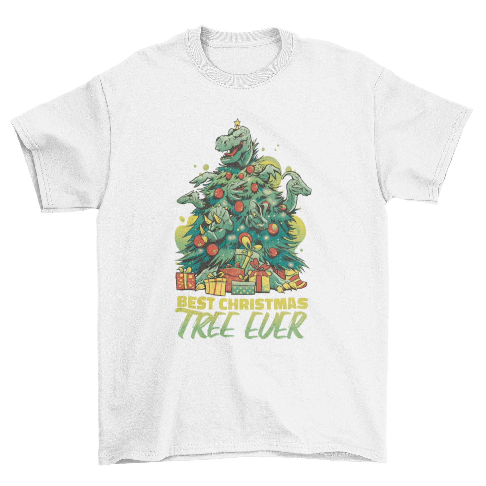 A colorful t-shirt design featuring a Christmas tree made of dinosaurs with the quote 'Best Christmas Tree Ever'.