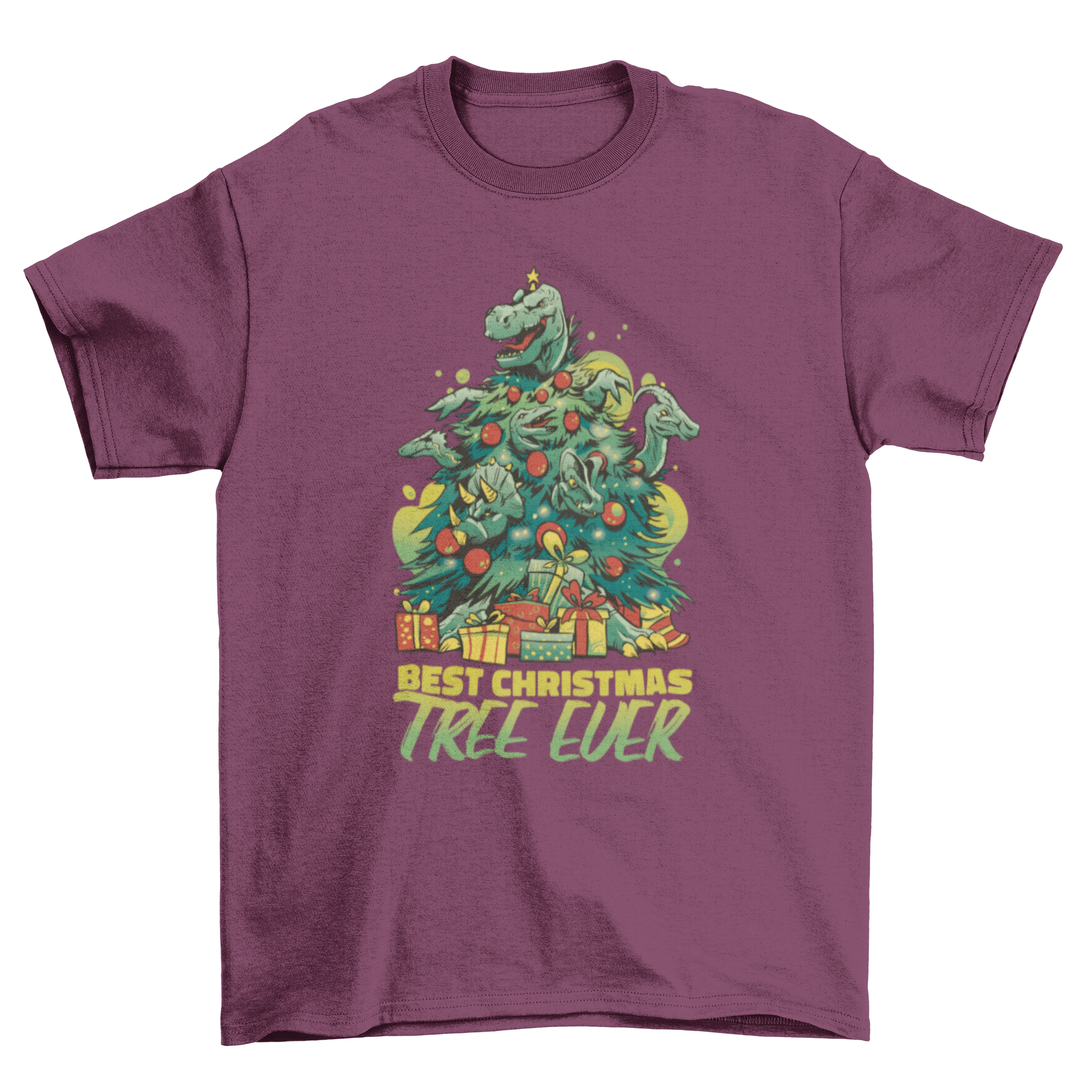 A colorful t-shirt design featuring a Christmas tree made of dinosaurs with the quote 'Best Christmas Tree Ever'.