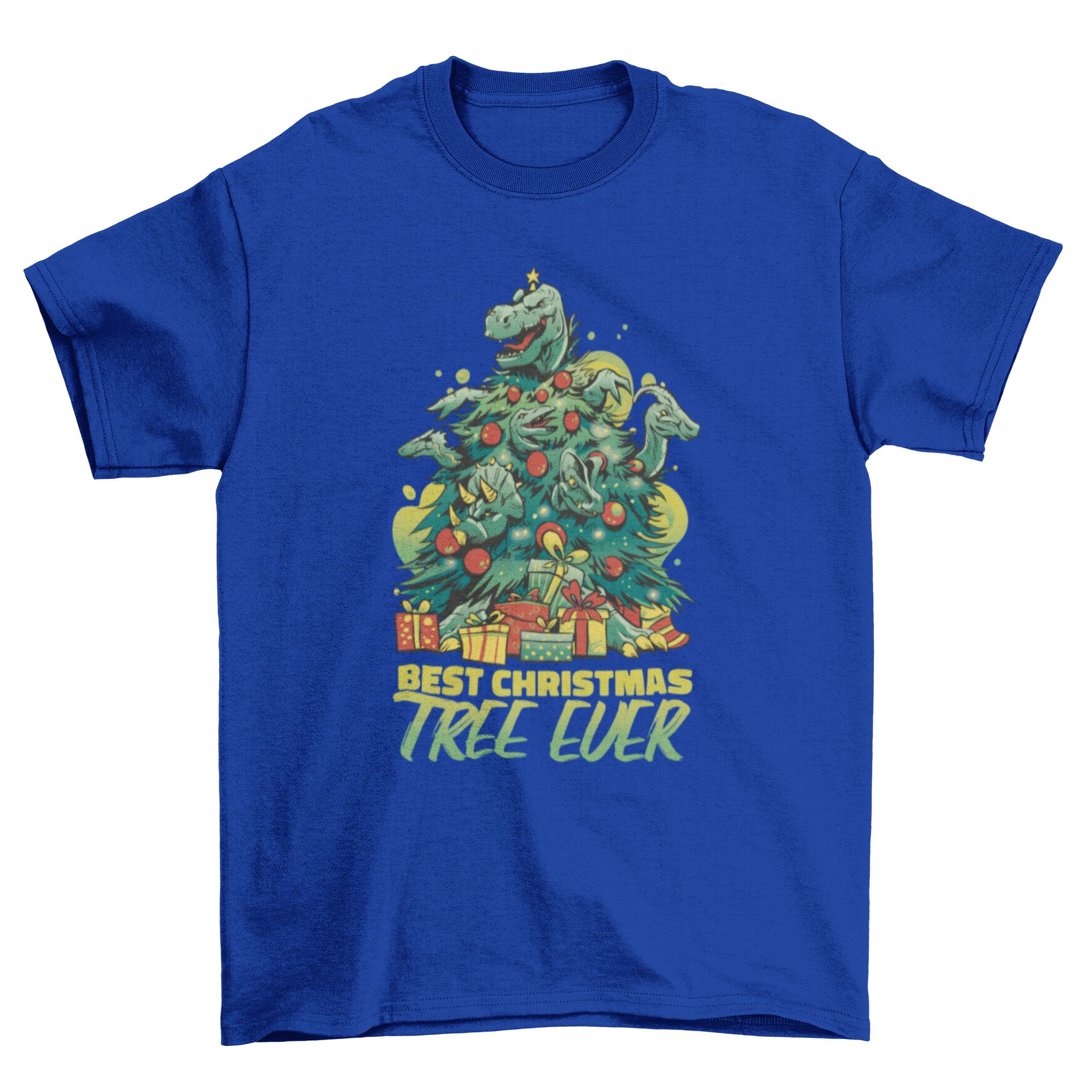 A colorful t-shirt design featuring a Christmas tree made of dinosaurs with the quote 'Best Christmas Tree Ever'.