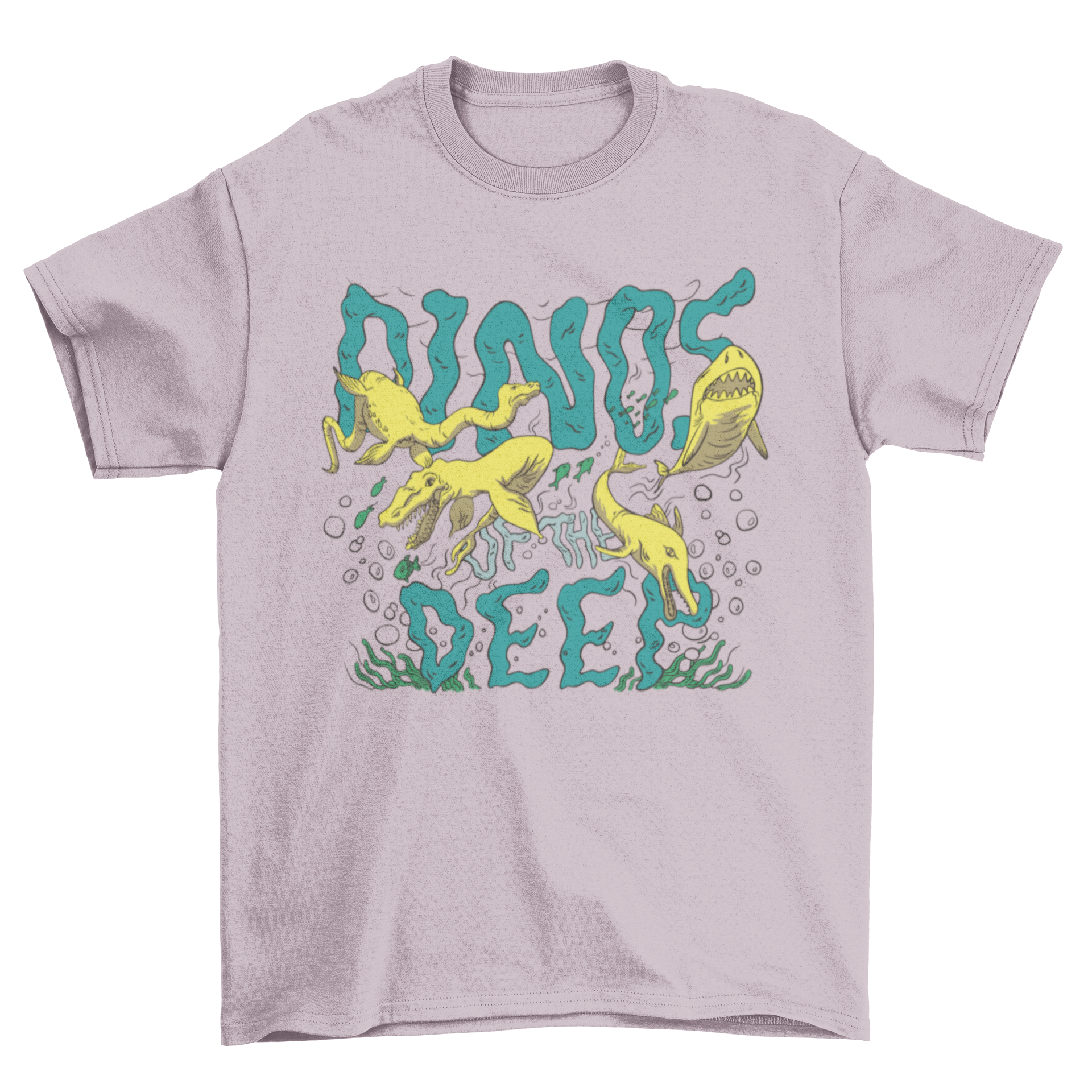 A colorful t-shirt featuring dinosaurs swimming in the ocean alongside various sea animals, perfect for kids and dinosaur lovers.