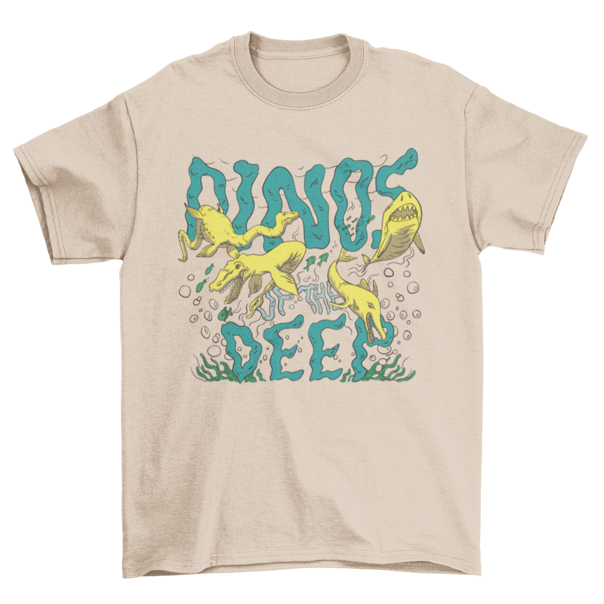 A colorful t-shirt featuring dinosaurs swimming in the ocean alongside various sea animals, perfect for kids and dinosaur lovers.