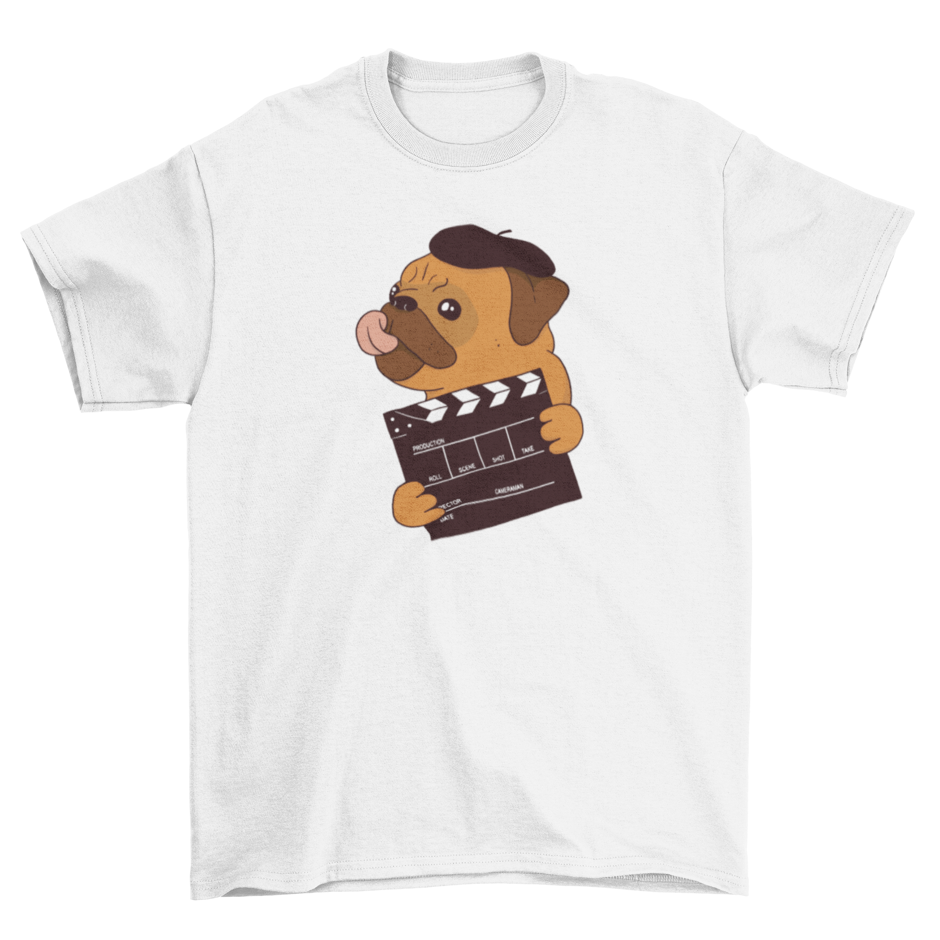 A stylish t-shirt featuring a cute pug wearing a beret, showcasing a playful design for dog lovers.