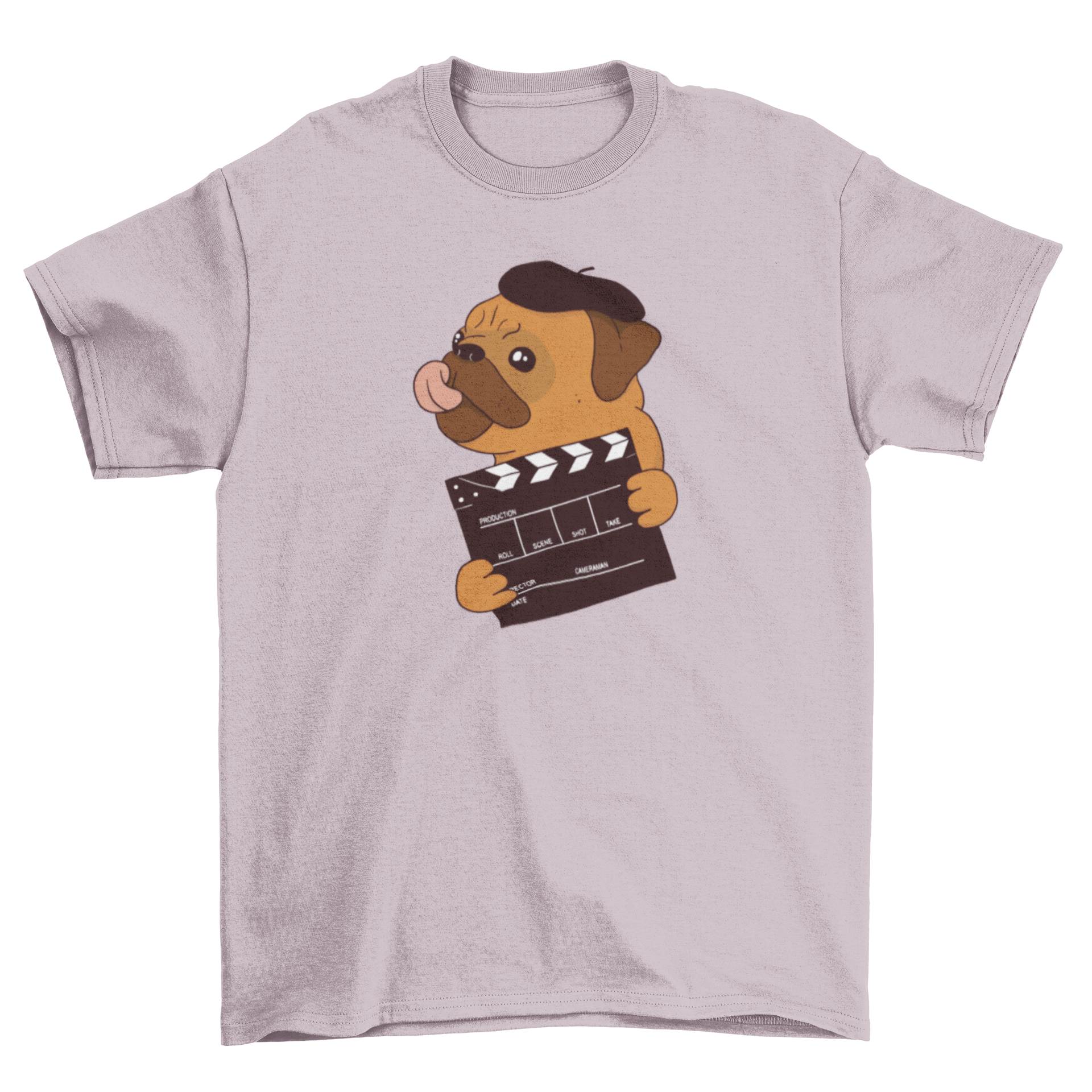 A stylish t-shirt featuring a cute pug wearing a beret, showcasing a playful design for dog lovers.