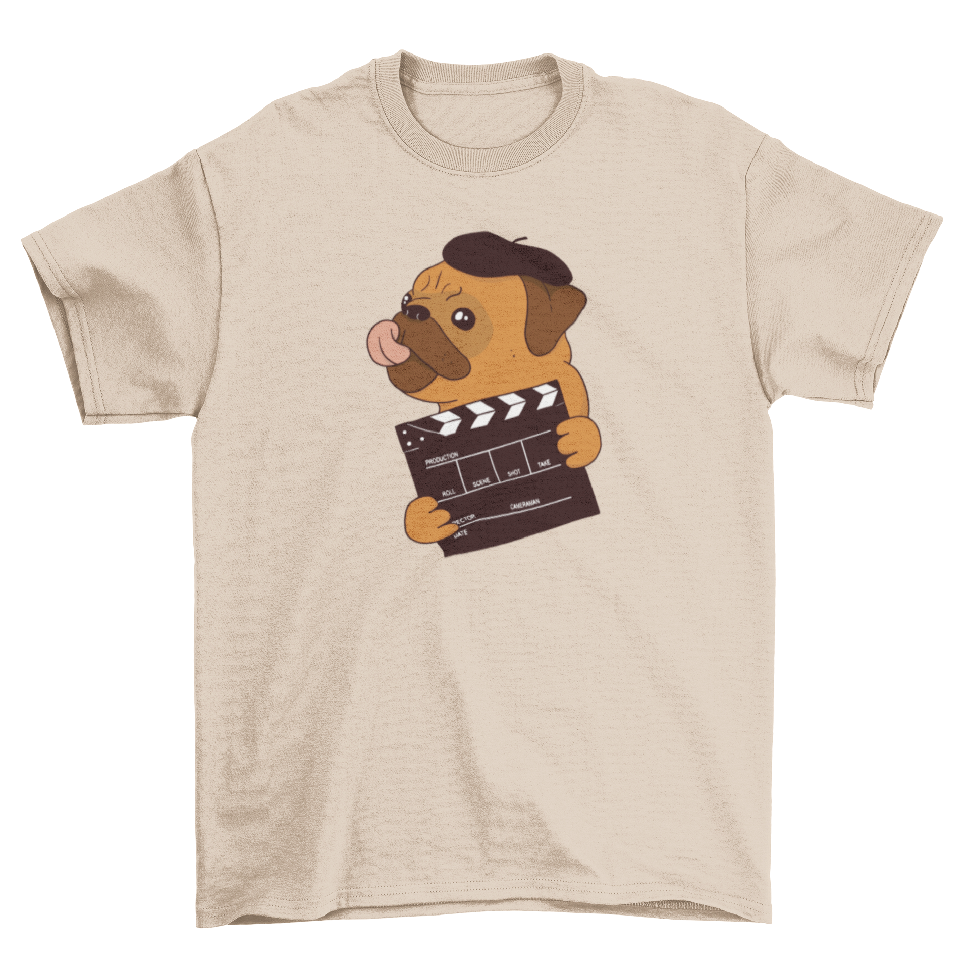 A stylish t-shirt featuring a cute pug wearing a beret, showcasing a playful design for dog lovers.