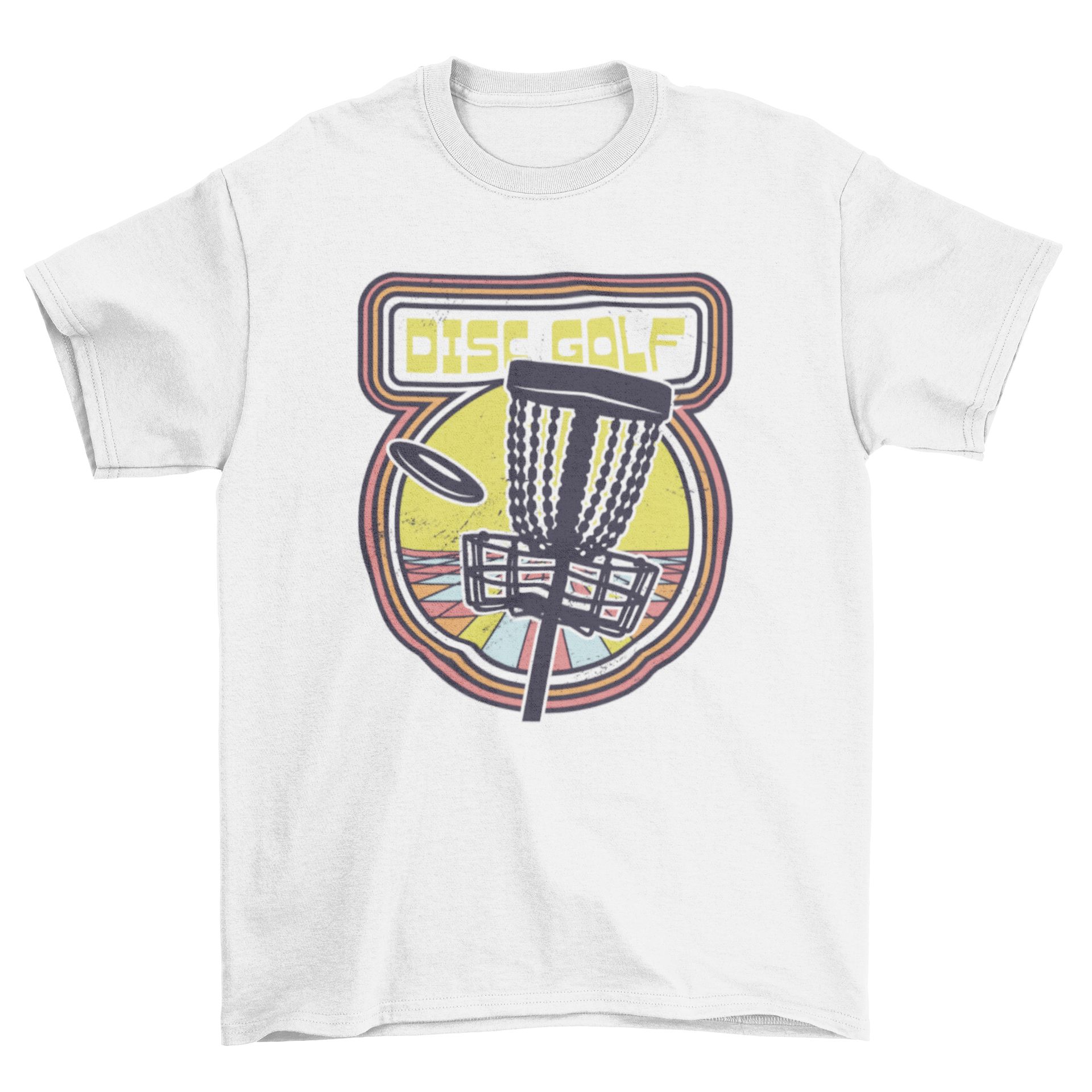 A stylish t-shirt featuring a retro videogame design with disc golf elements, perfect for gamers and sports enthusiasts.