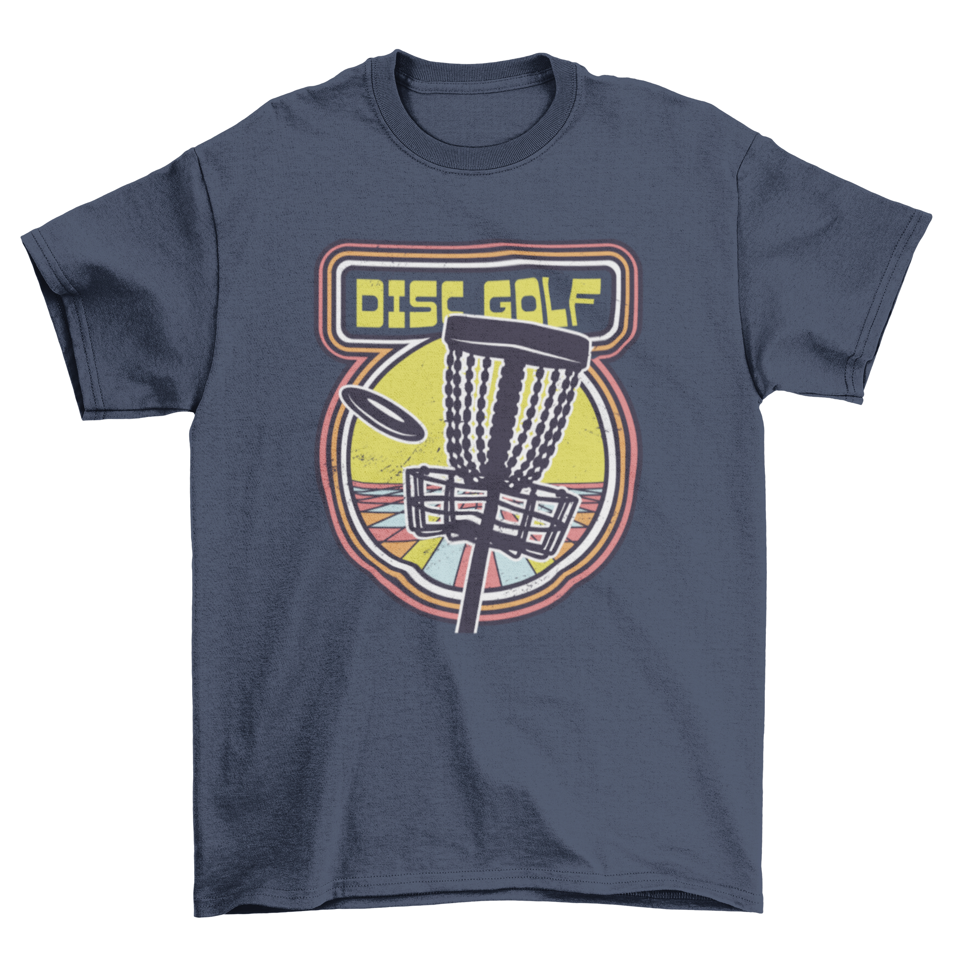 A stylish t-shirt featuring a retro videogame design with disc golf elements, perfect for gamers and sports enthusiasts.